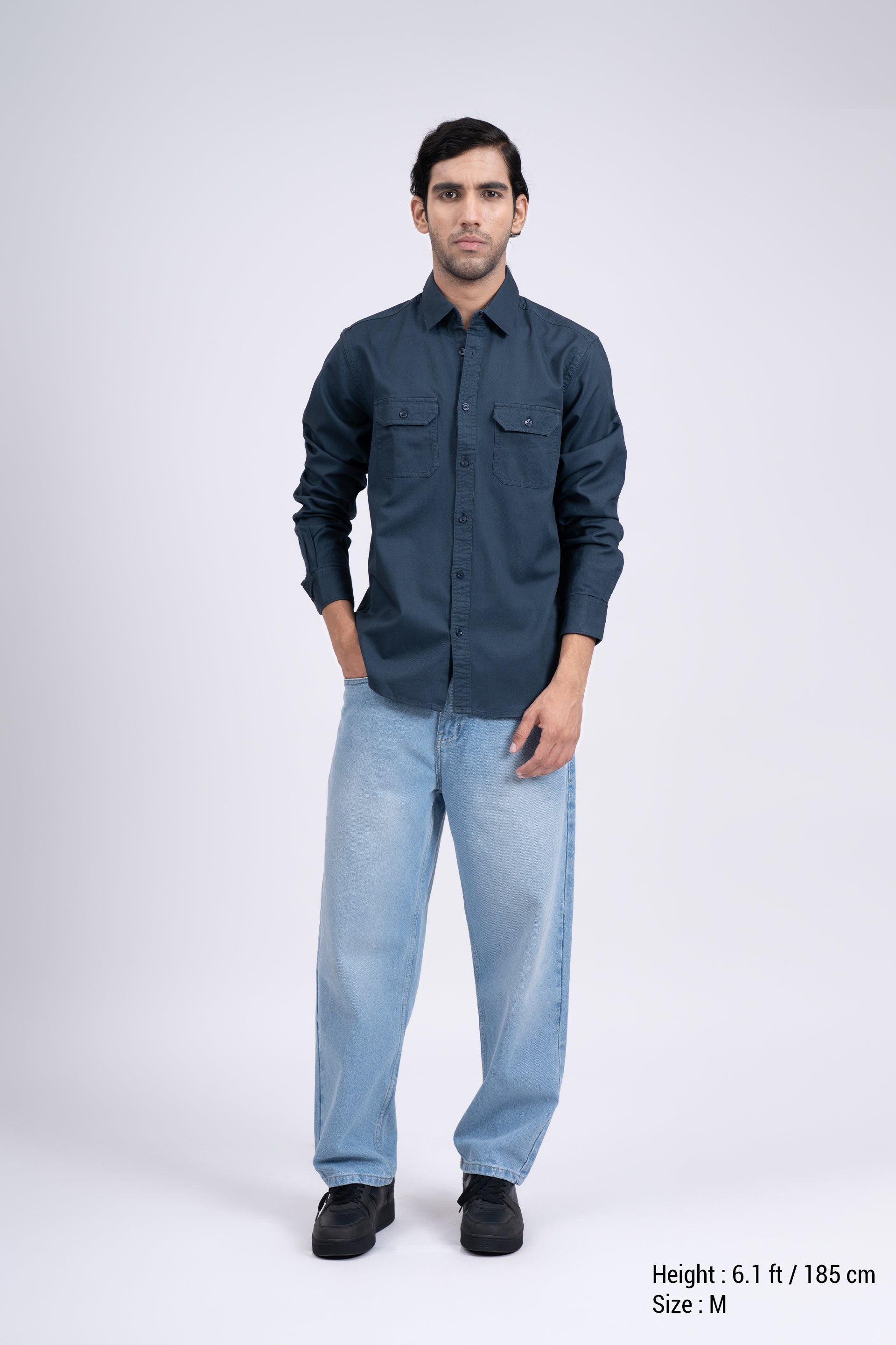 Classic Cotton Cargo Shirt In Stone Blue