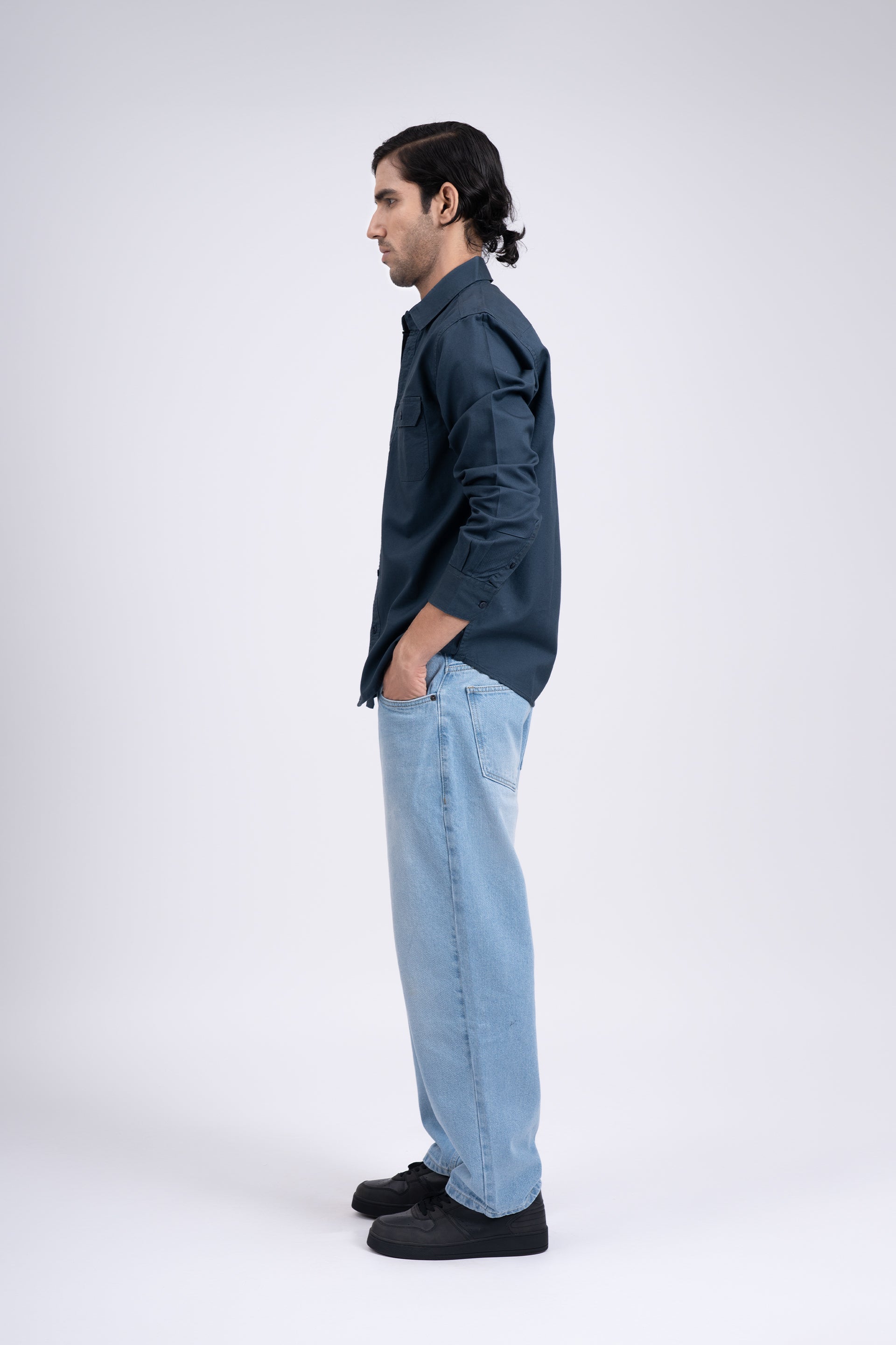 Classic Cotton Cargo Shirt In Stone Blue