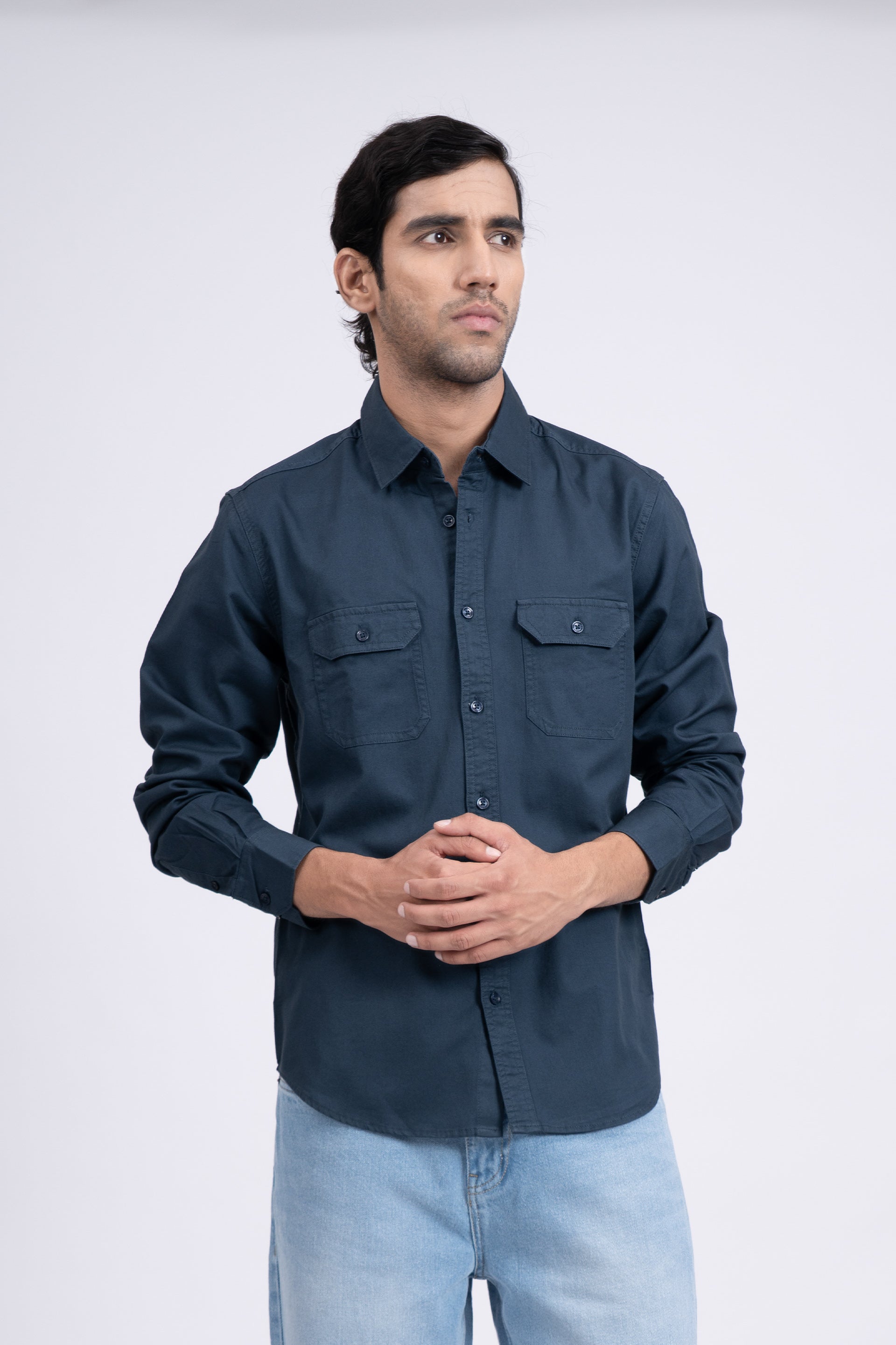 Classic Cotton Cargo Shirt In Stone Blue