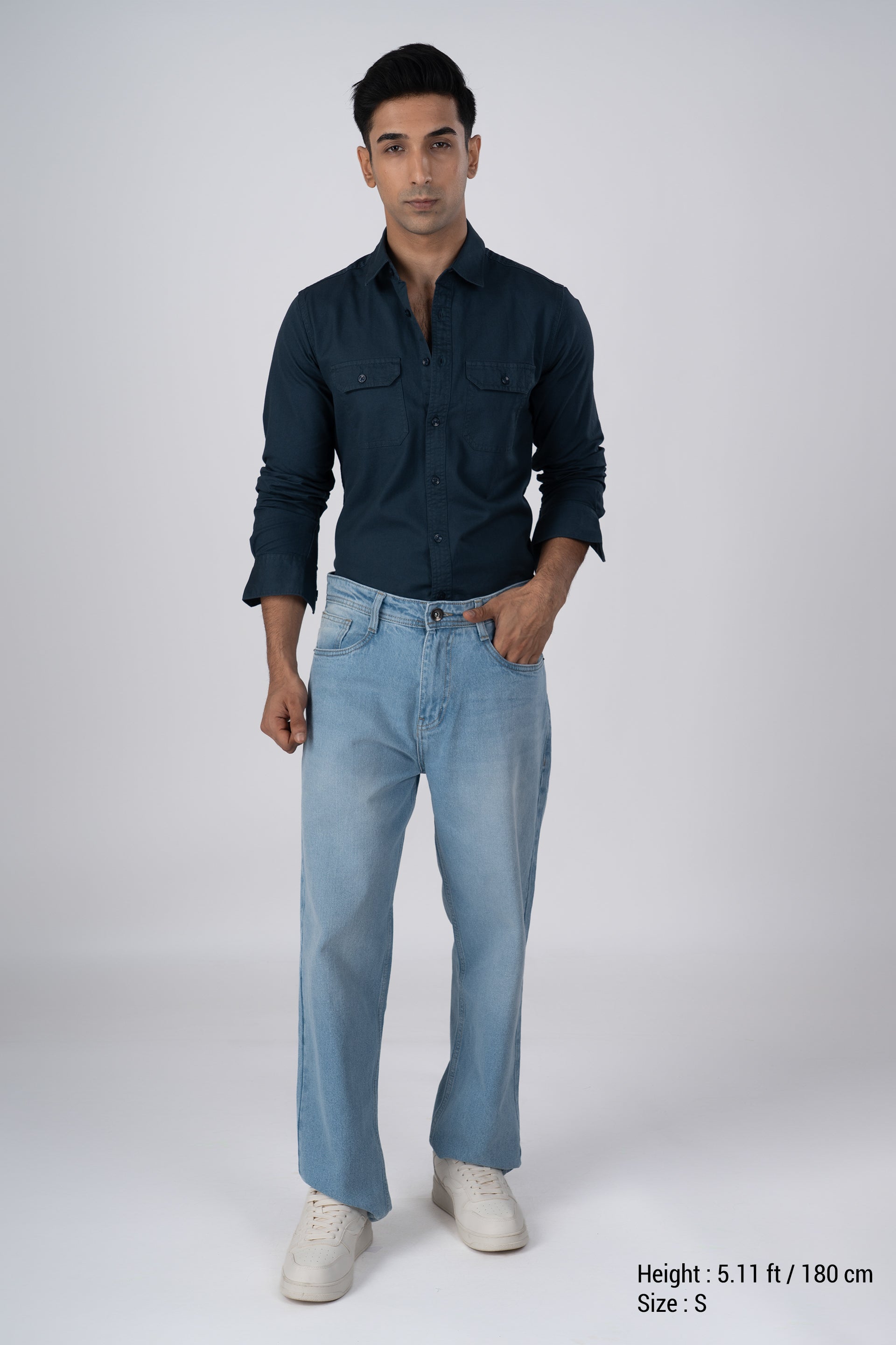 Classic Cotton Cargo Shirt In Stone Blue