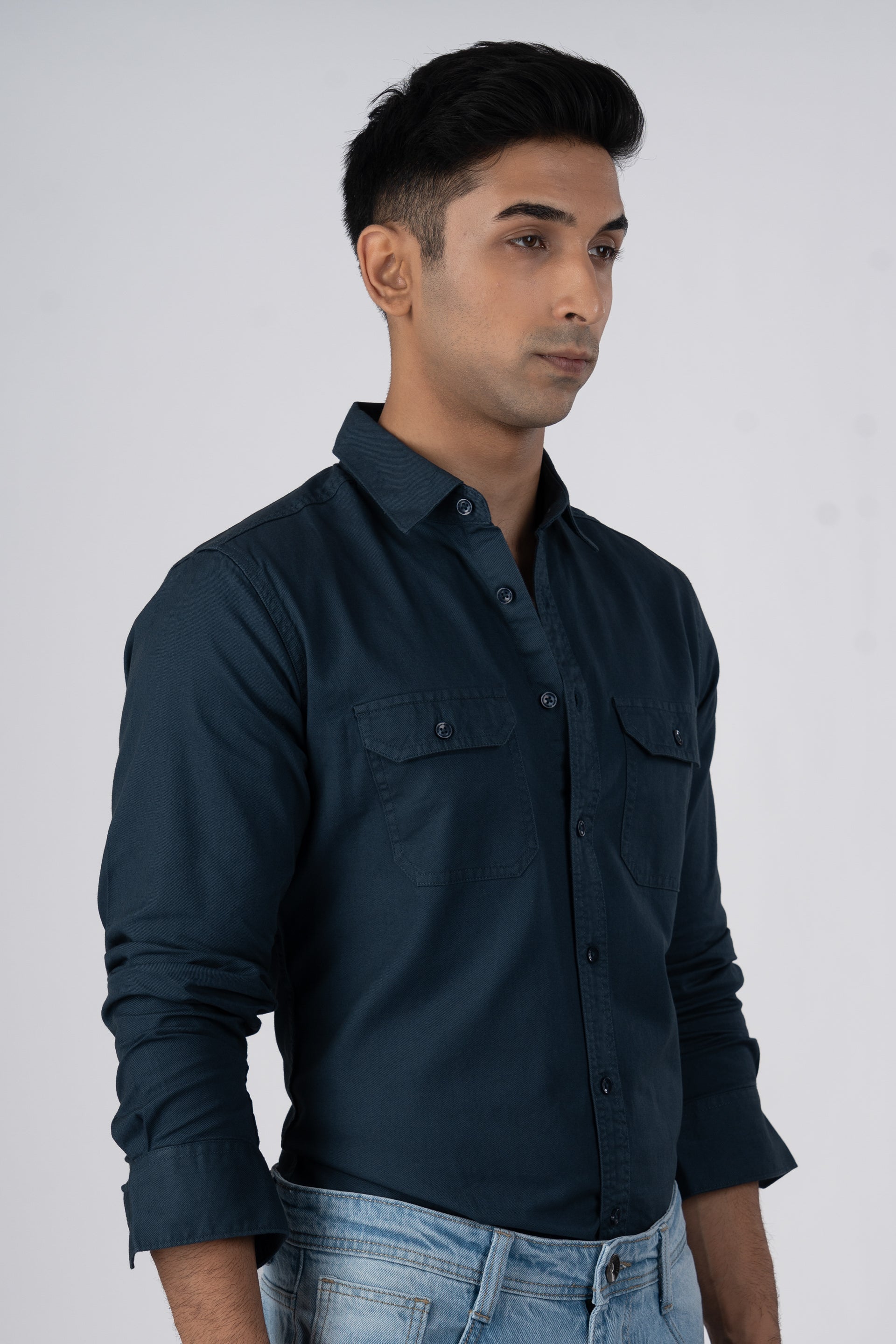 Classic Cotton Cargo Shirt In Stone Blue