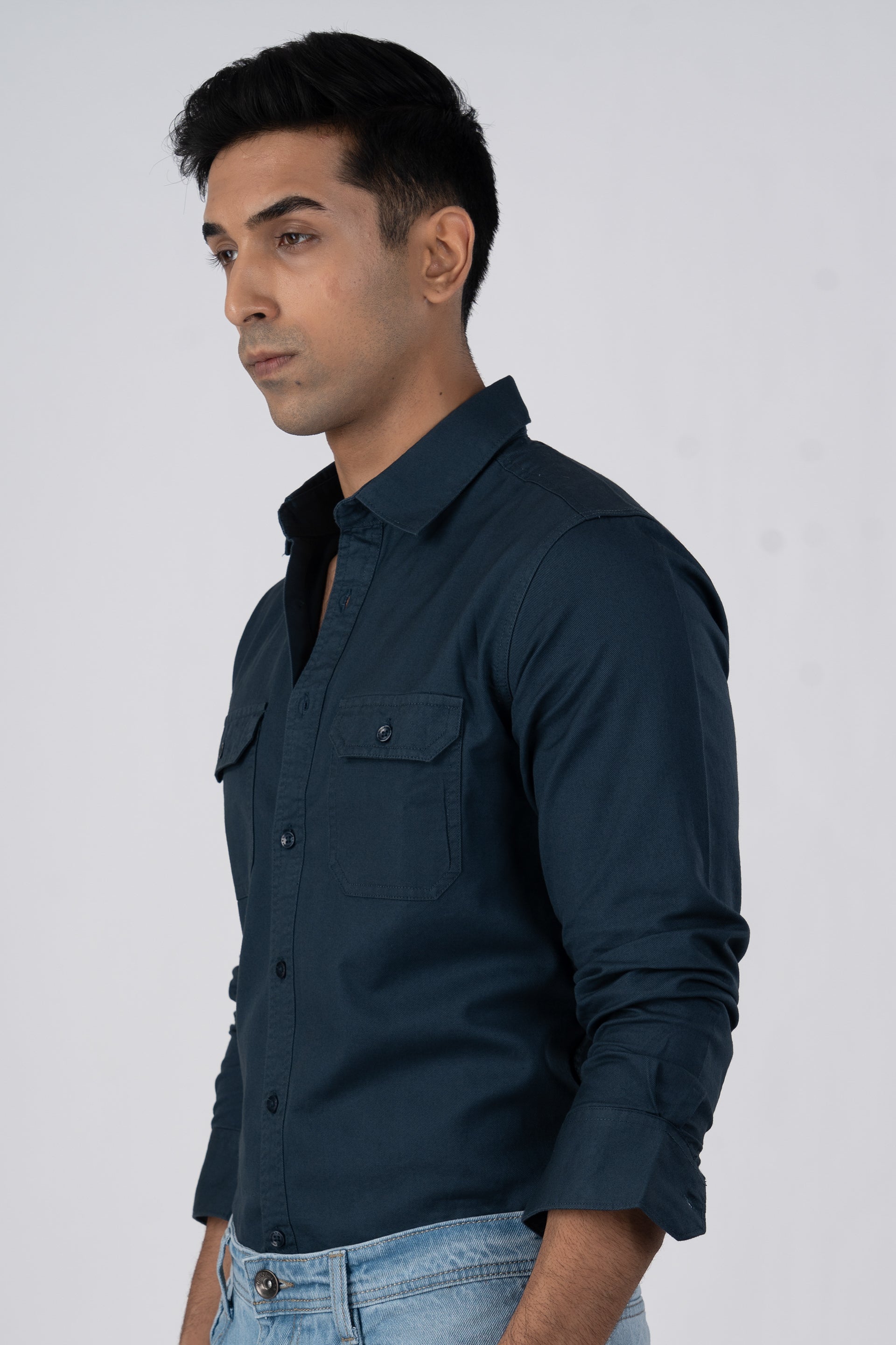 Classic Cotton Cargo Shirt In Stone Blue