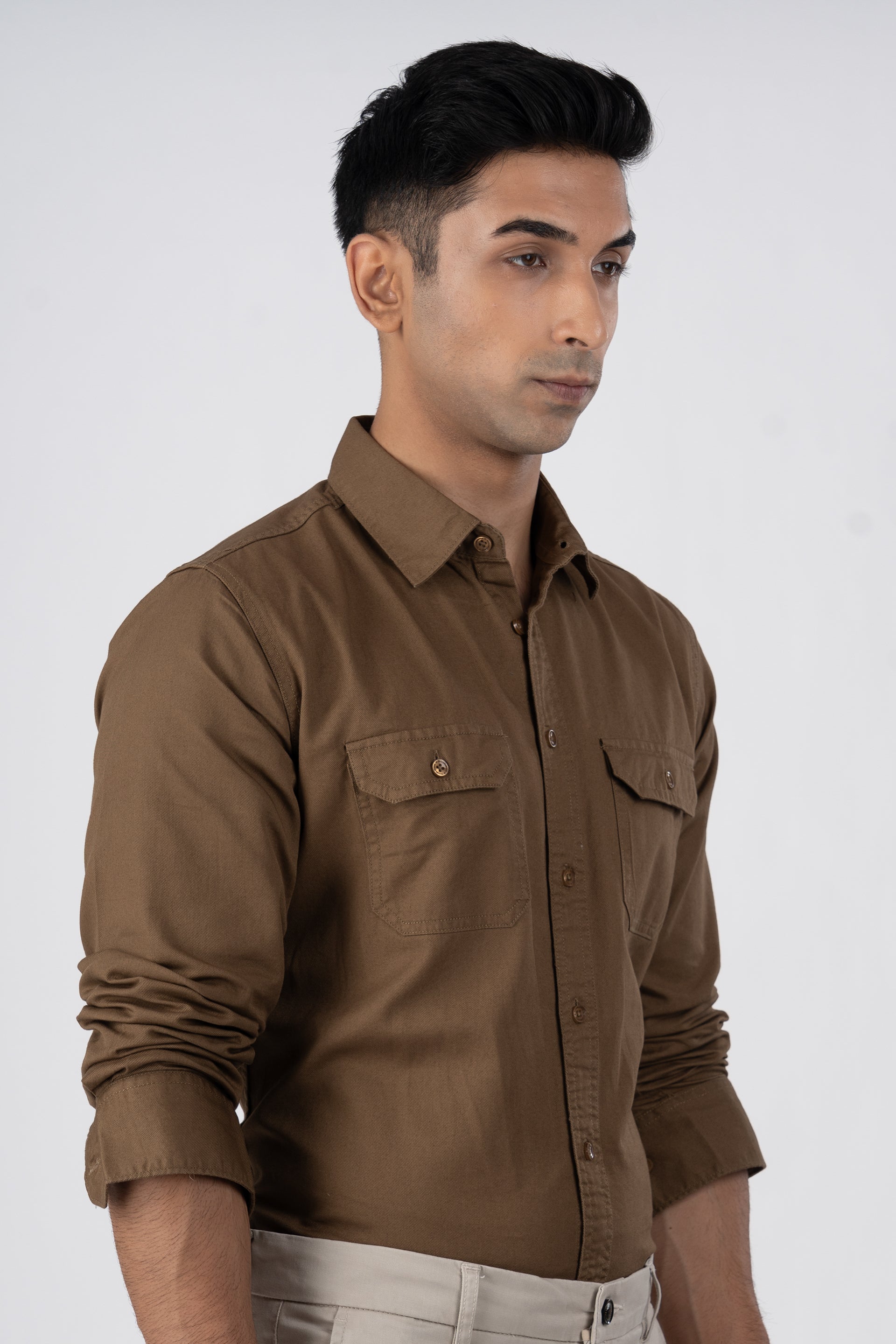 Classic Cotton Cargo Shirt In Khakhi