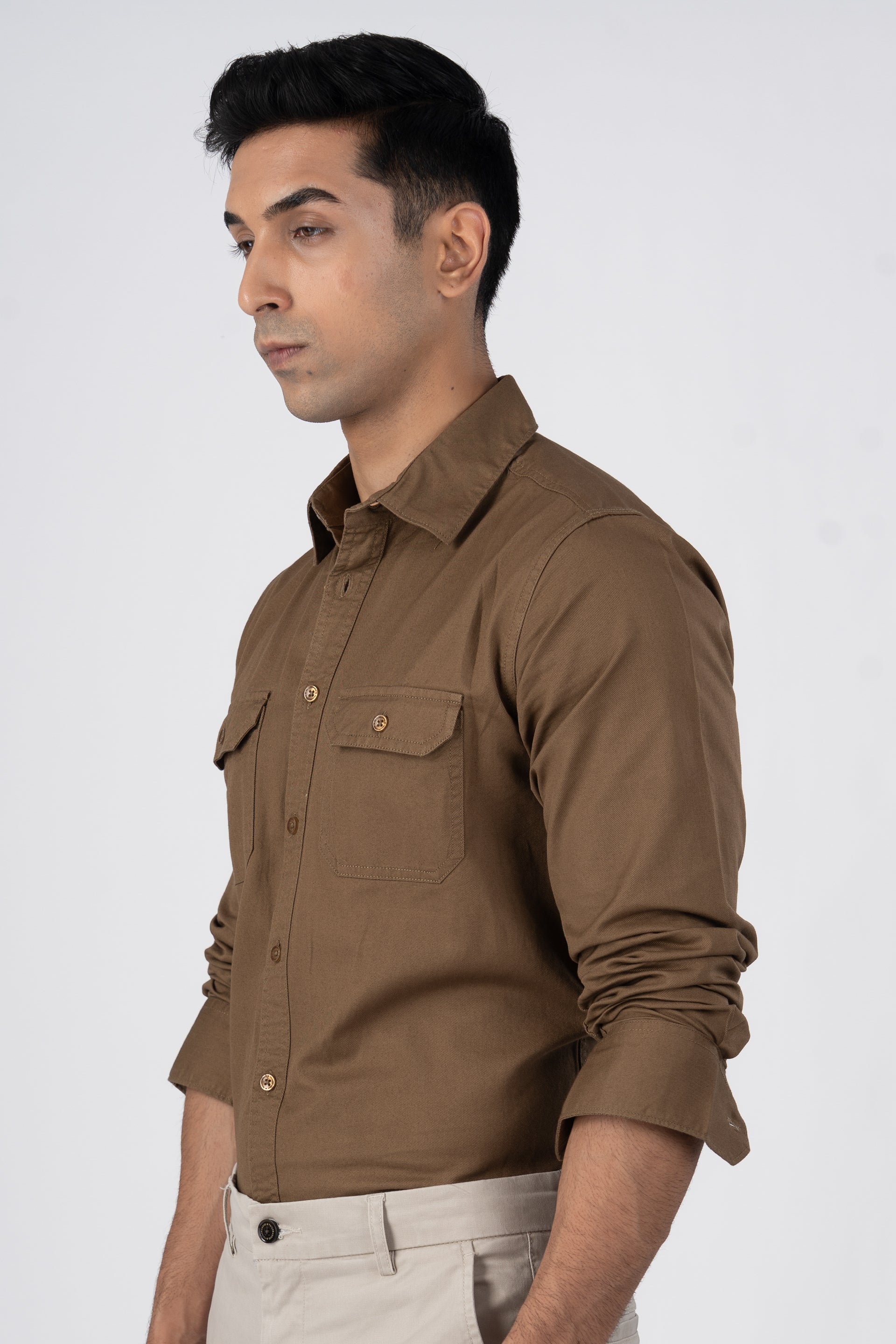Classic Cotton Cargo Shirt In Khakhi