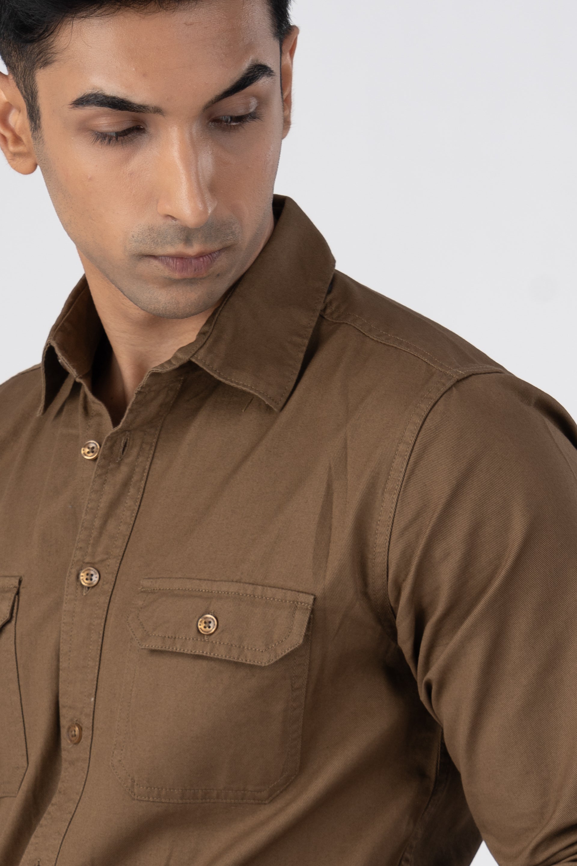 Classic Cotton Cargo Shirt In Khakhi