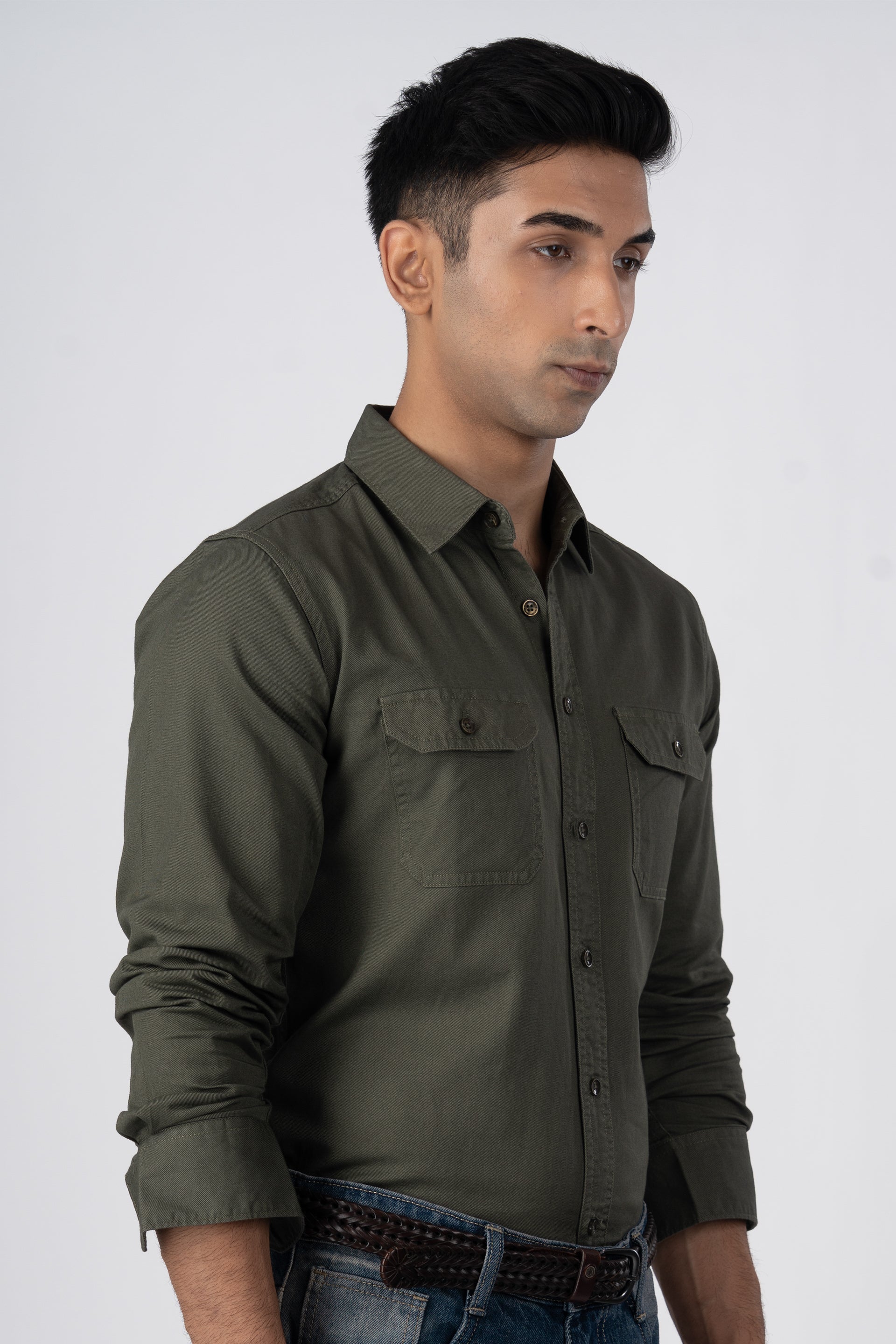 Classic Cotton Cargo Shirt In Olive