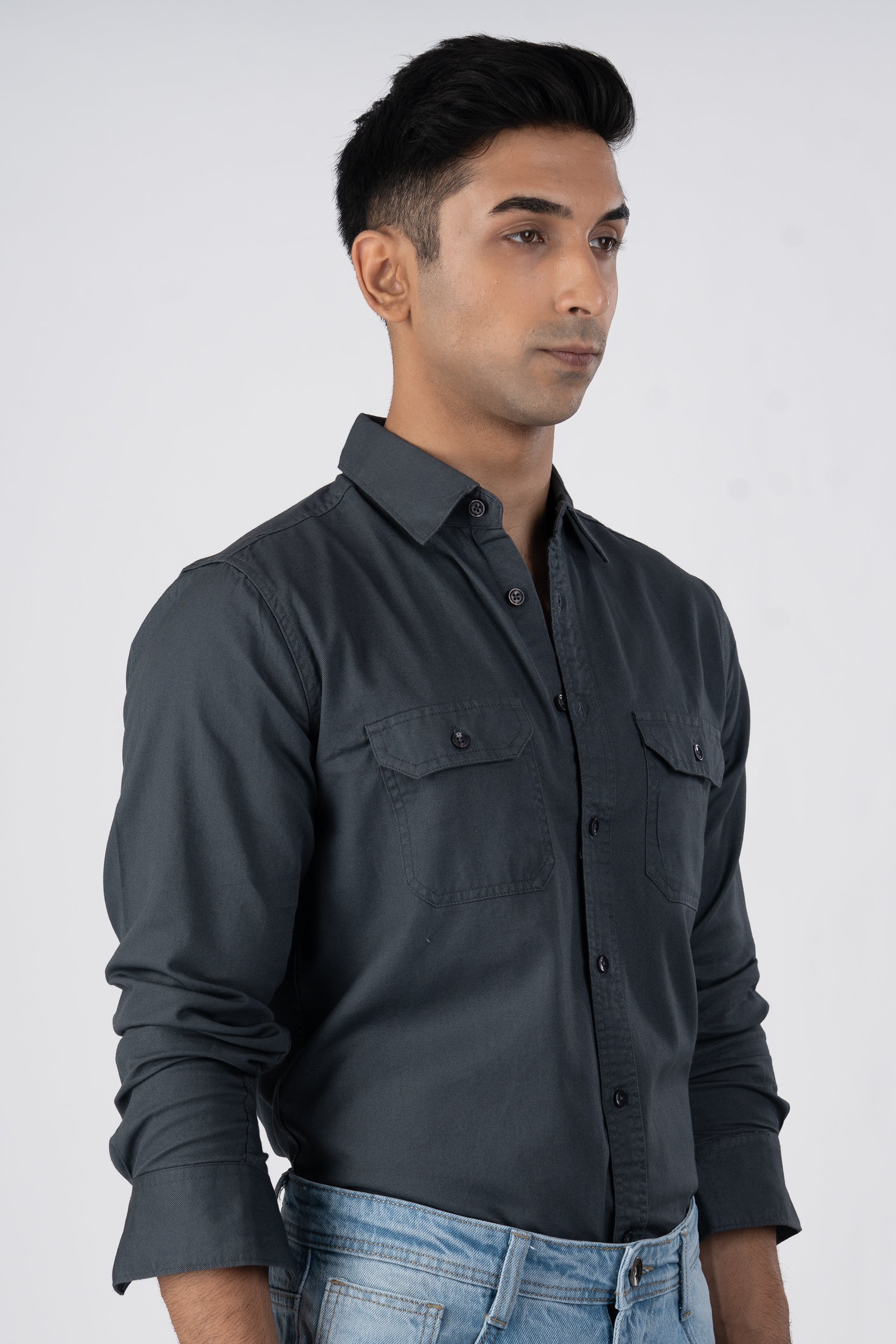 Classic Cotton Cargo Shirt In Grey
