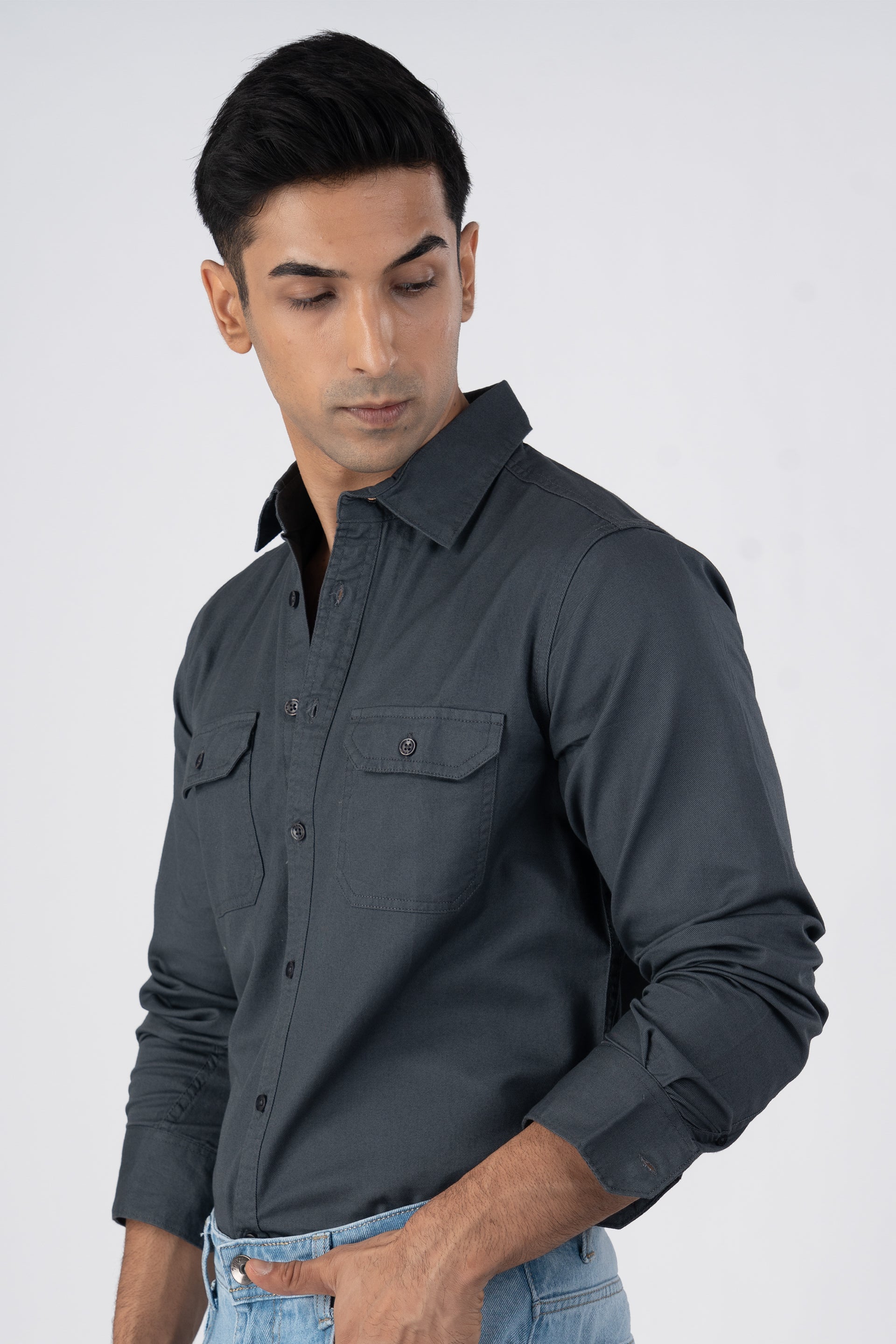 Classic Cotton Cargo Shirt In Grey
