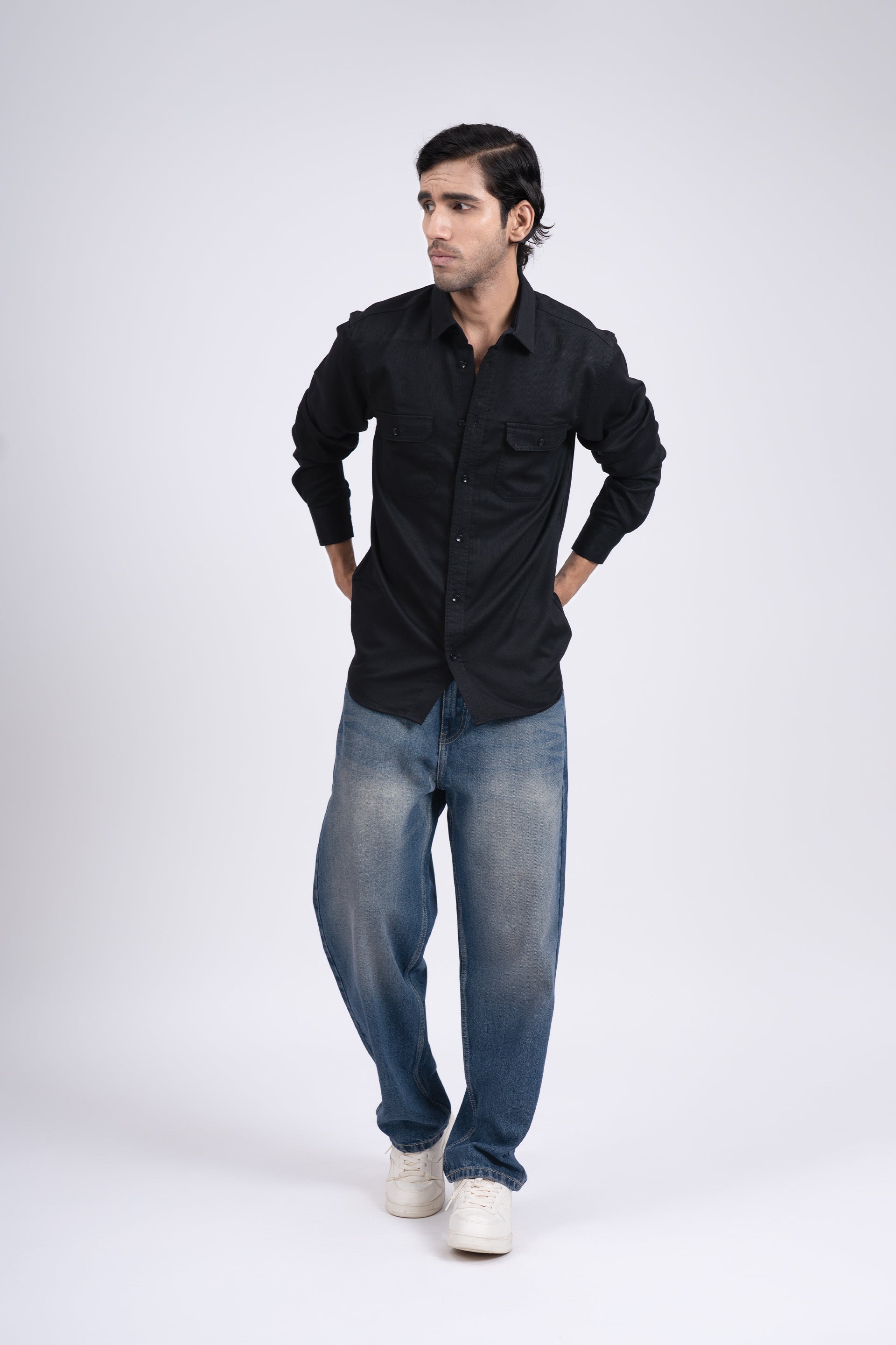 Easy Iron Cord Cargo Shirt In Black