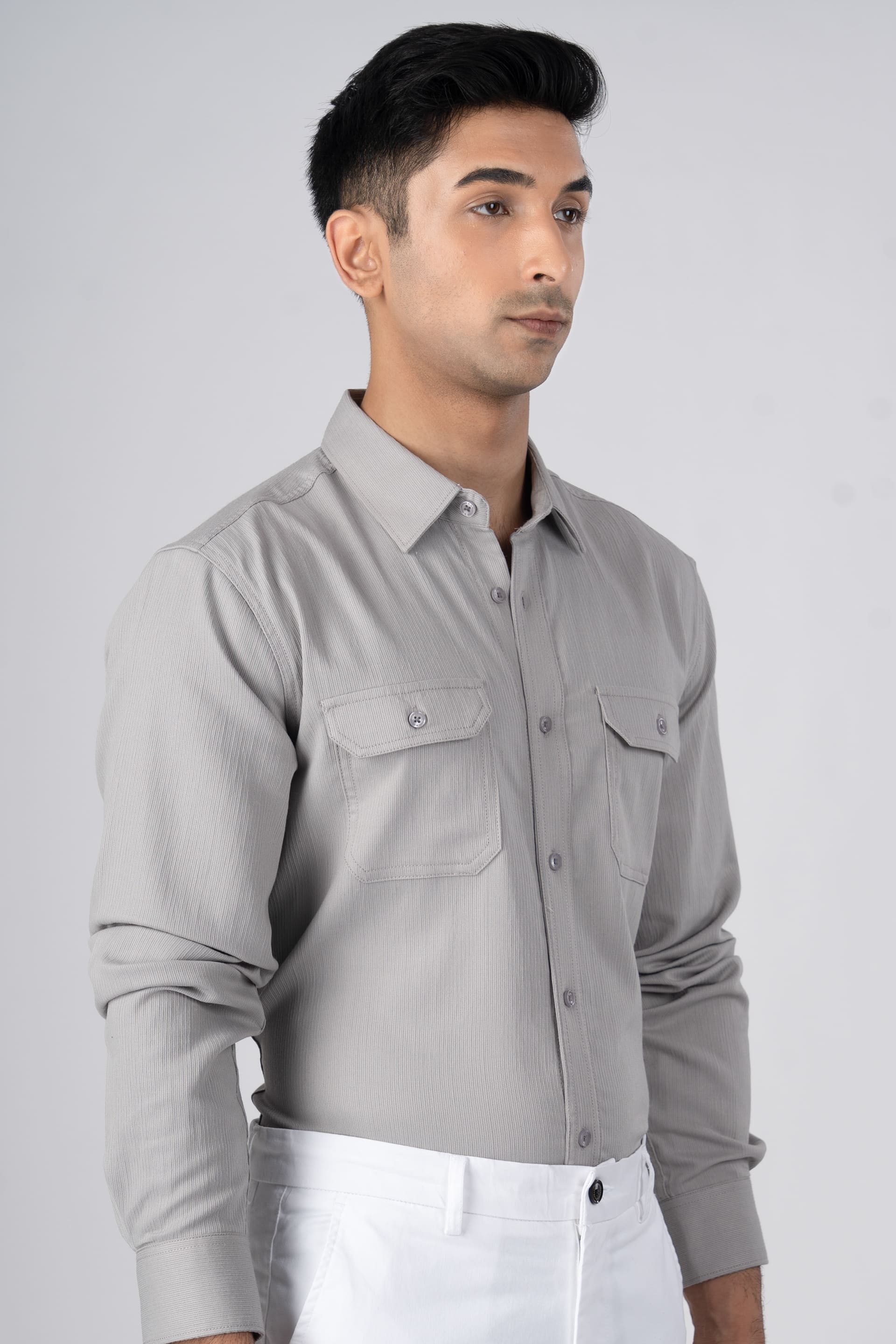 Easy Iron Cord Cargo Shirt In Grey