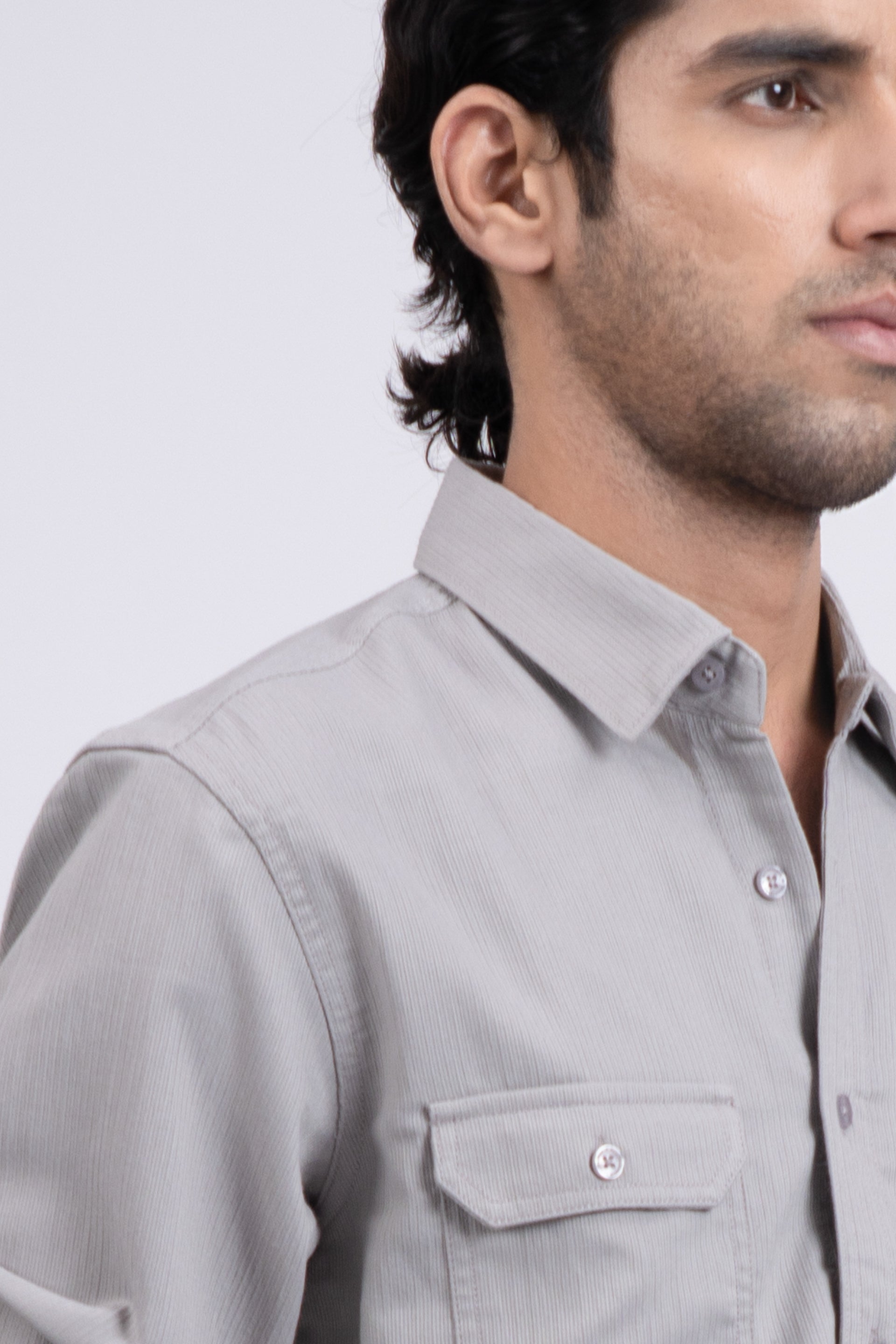 Easy Iron Cord Cargo Shirt In Grey