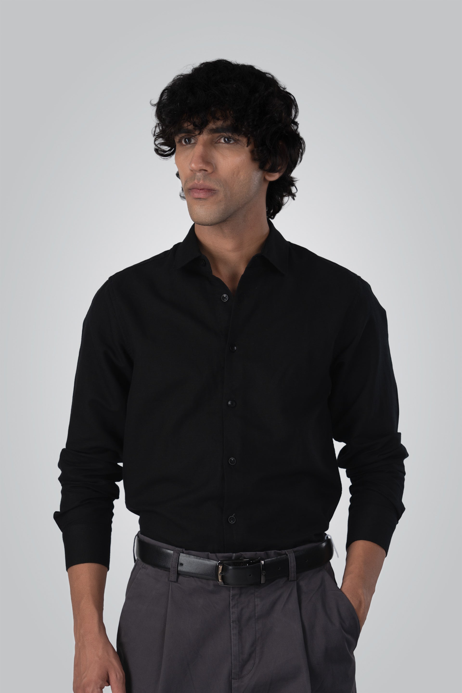 Premium Linen Griege Shirt In Black