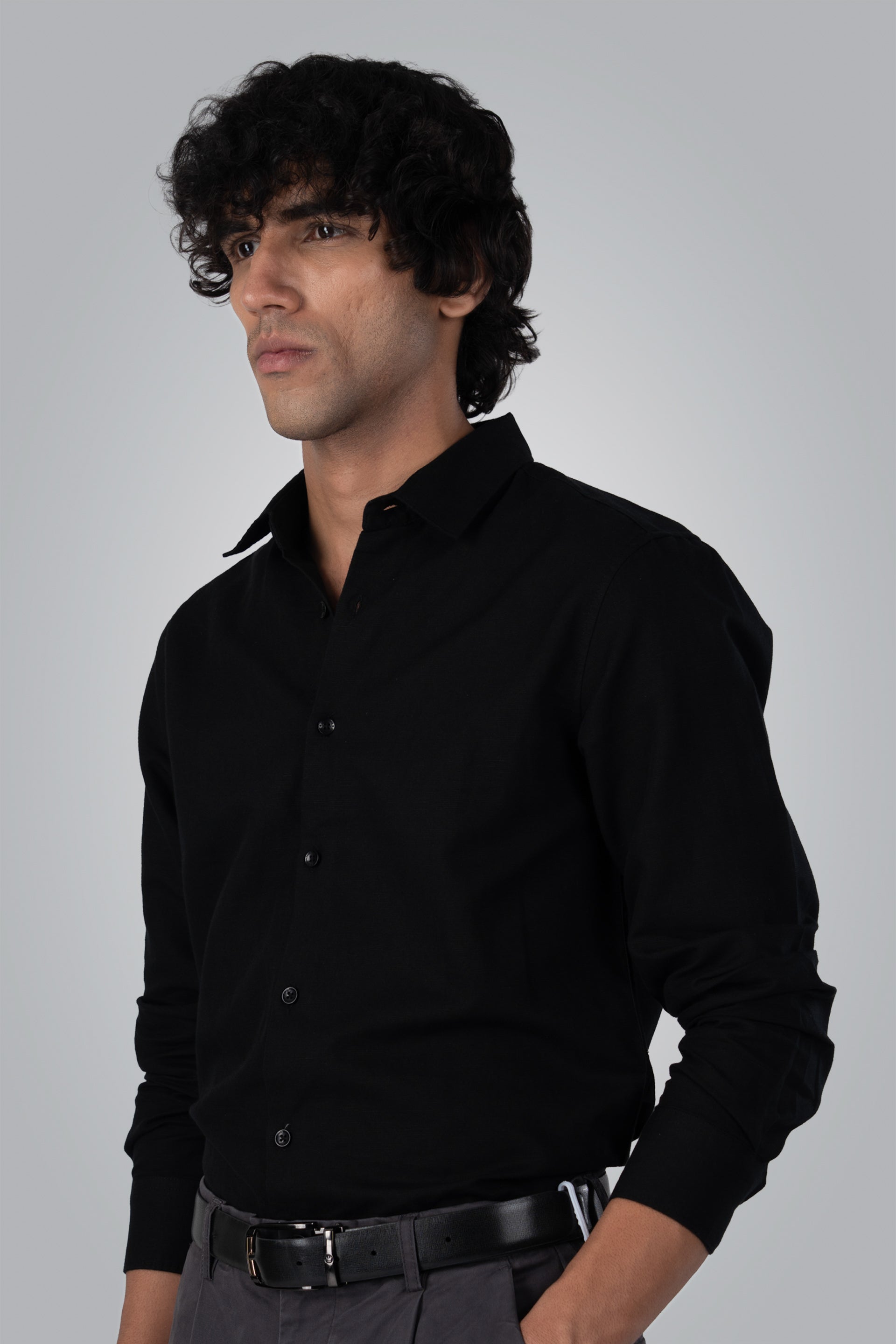 Premium Linen Griege Shirt In Black