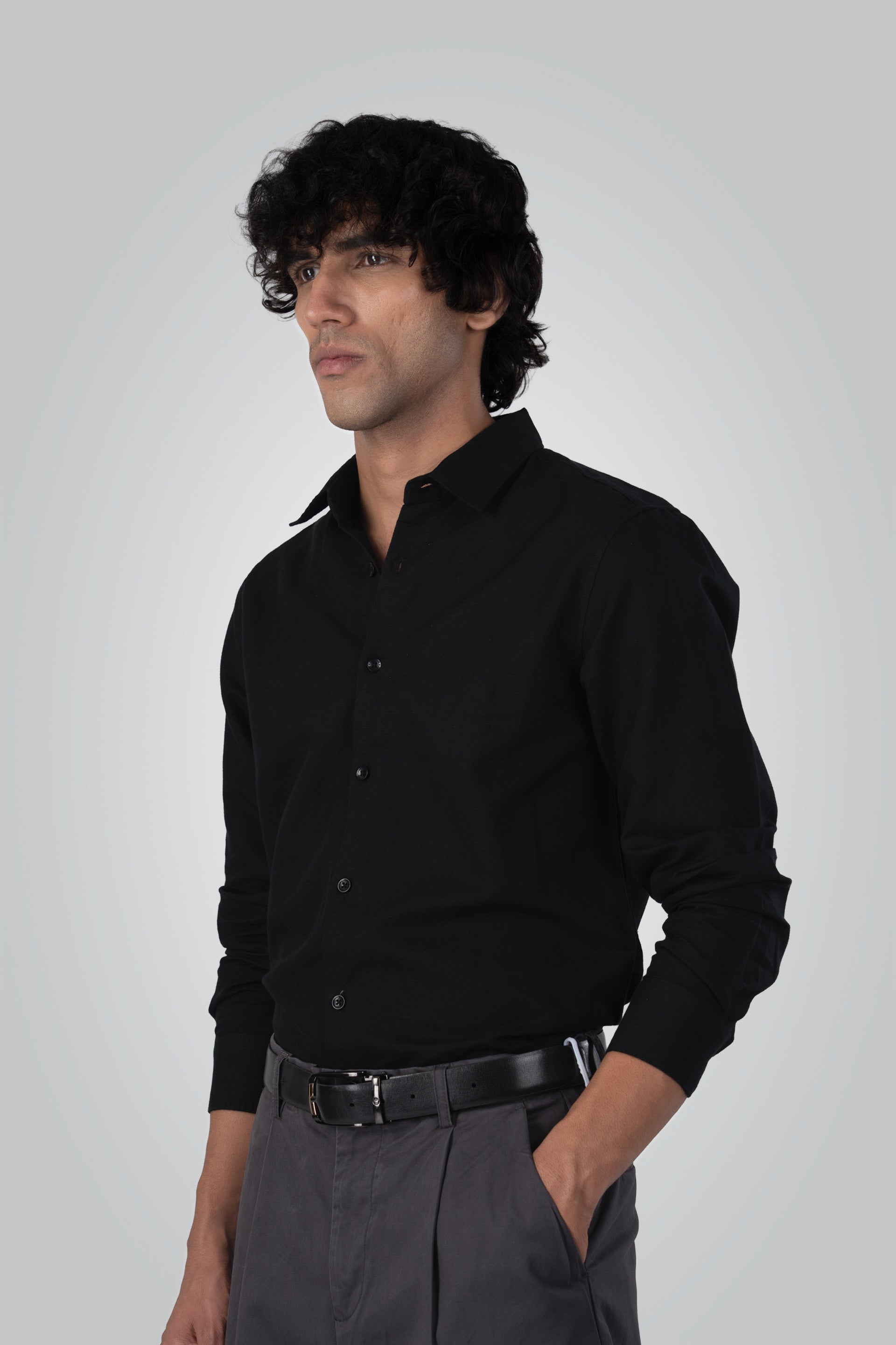 Premium Linen Griege Shirt In Black