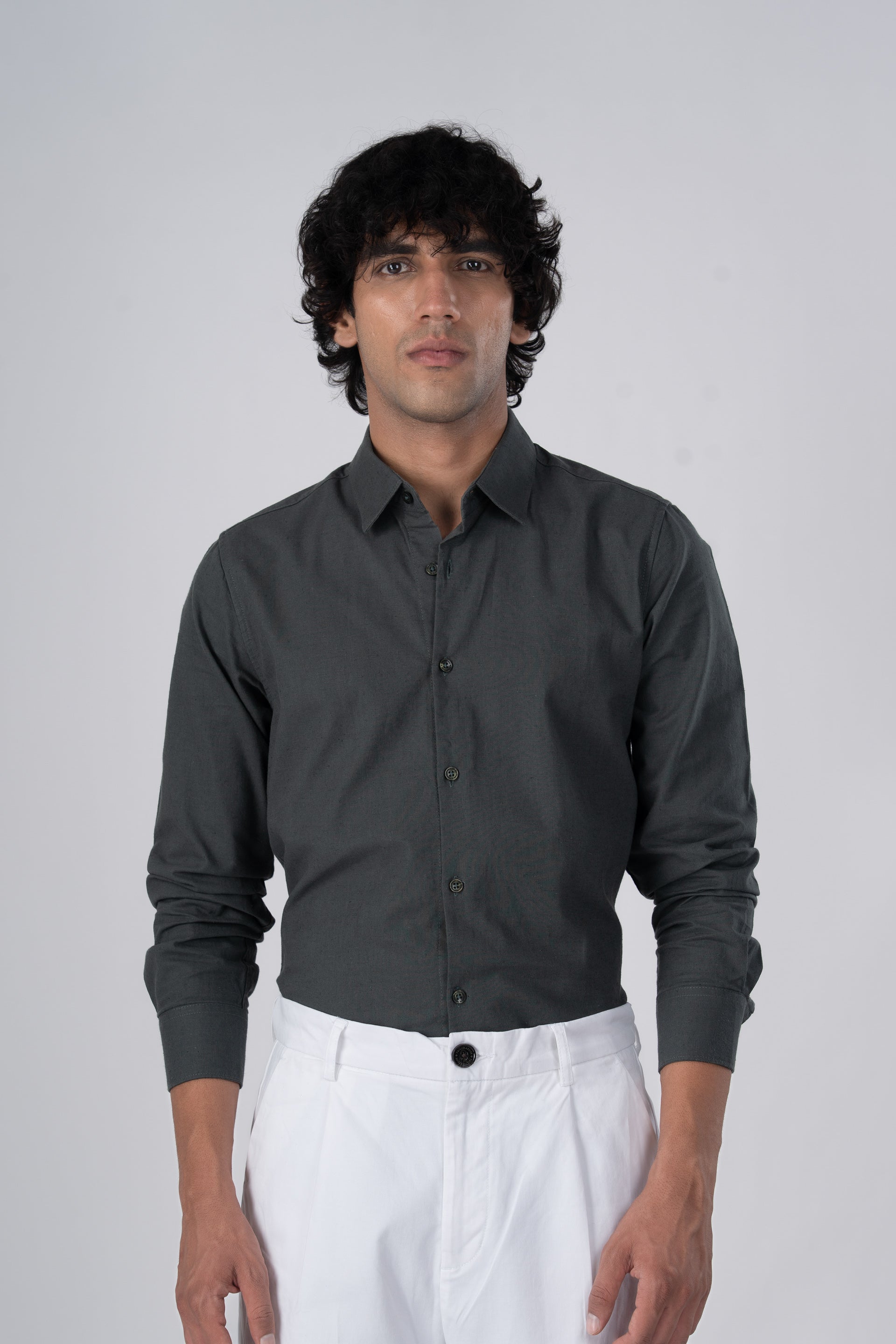 Premium Linen Griege Shirt In Green