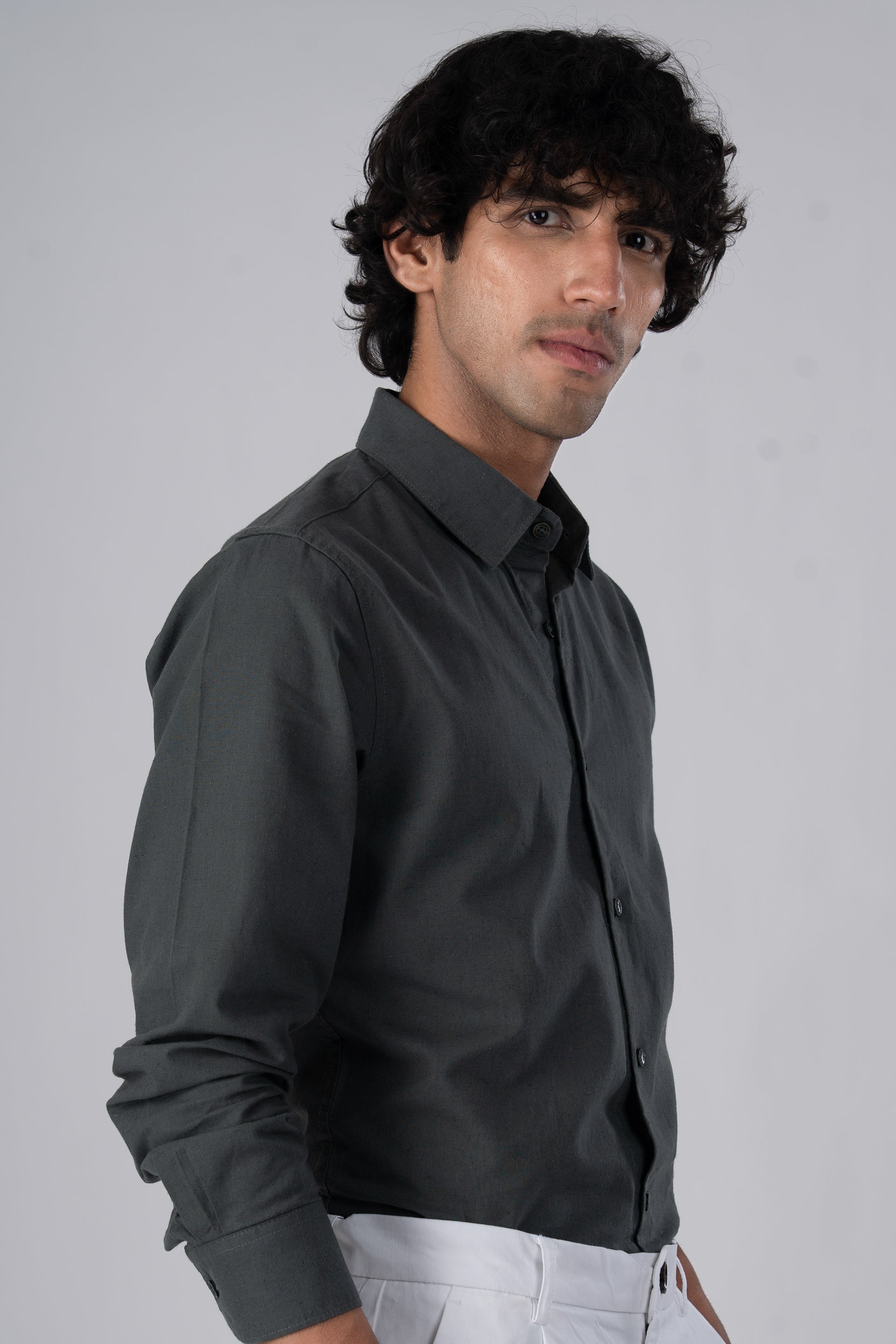 Premium Linen Griege Shirt In Green