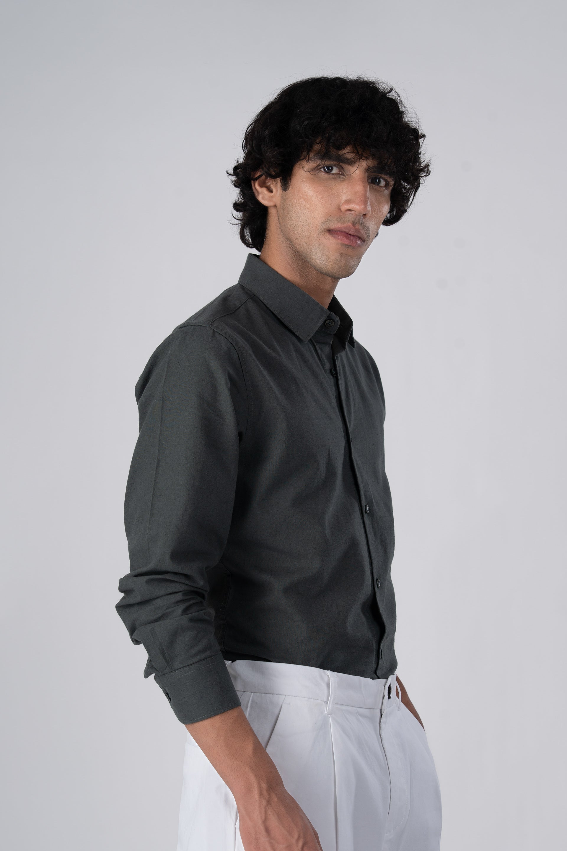 Premium Linen Griege Shirt In Green