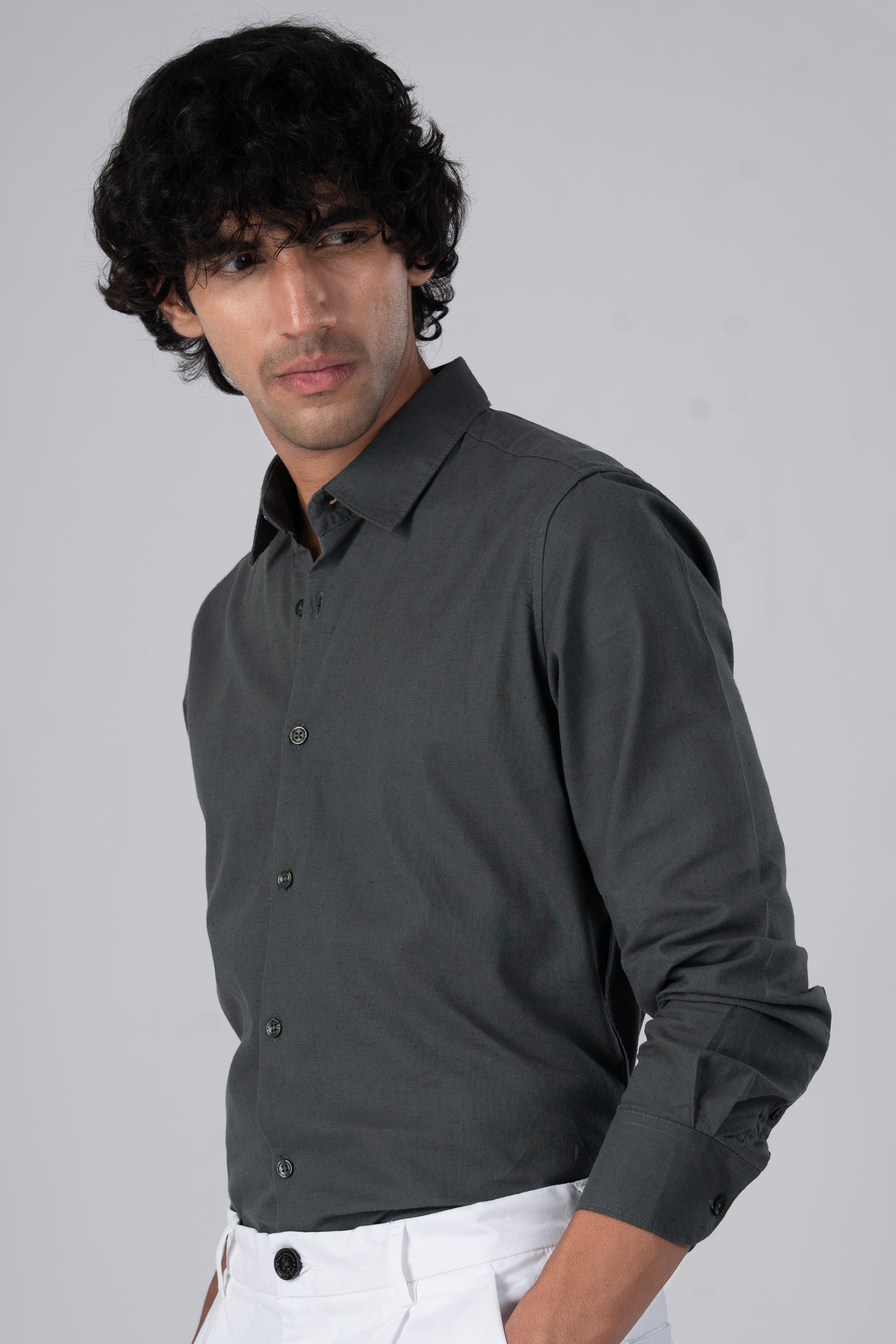 Premium Linen Griege Shirt In Green