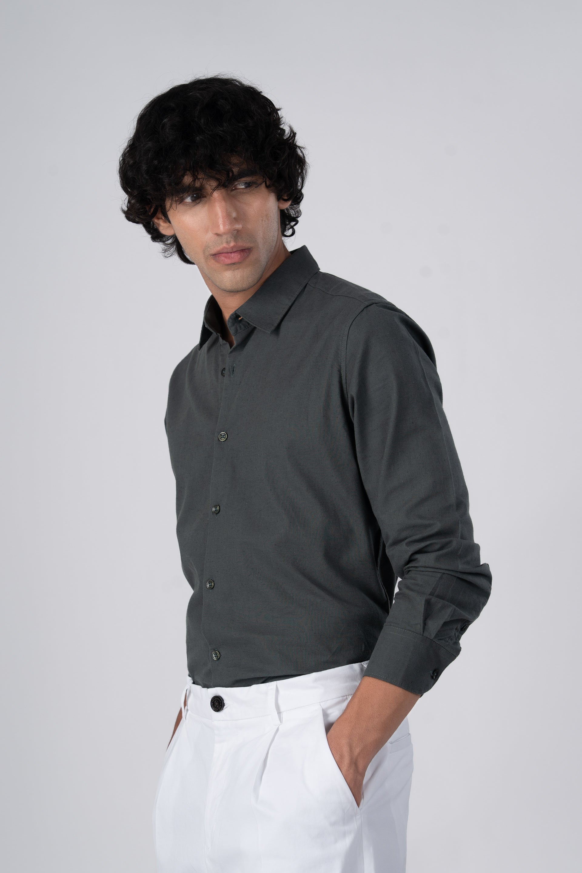 Premium Linen Griege Shirt In Green