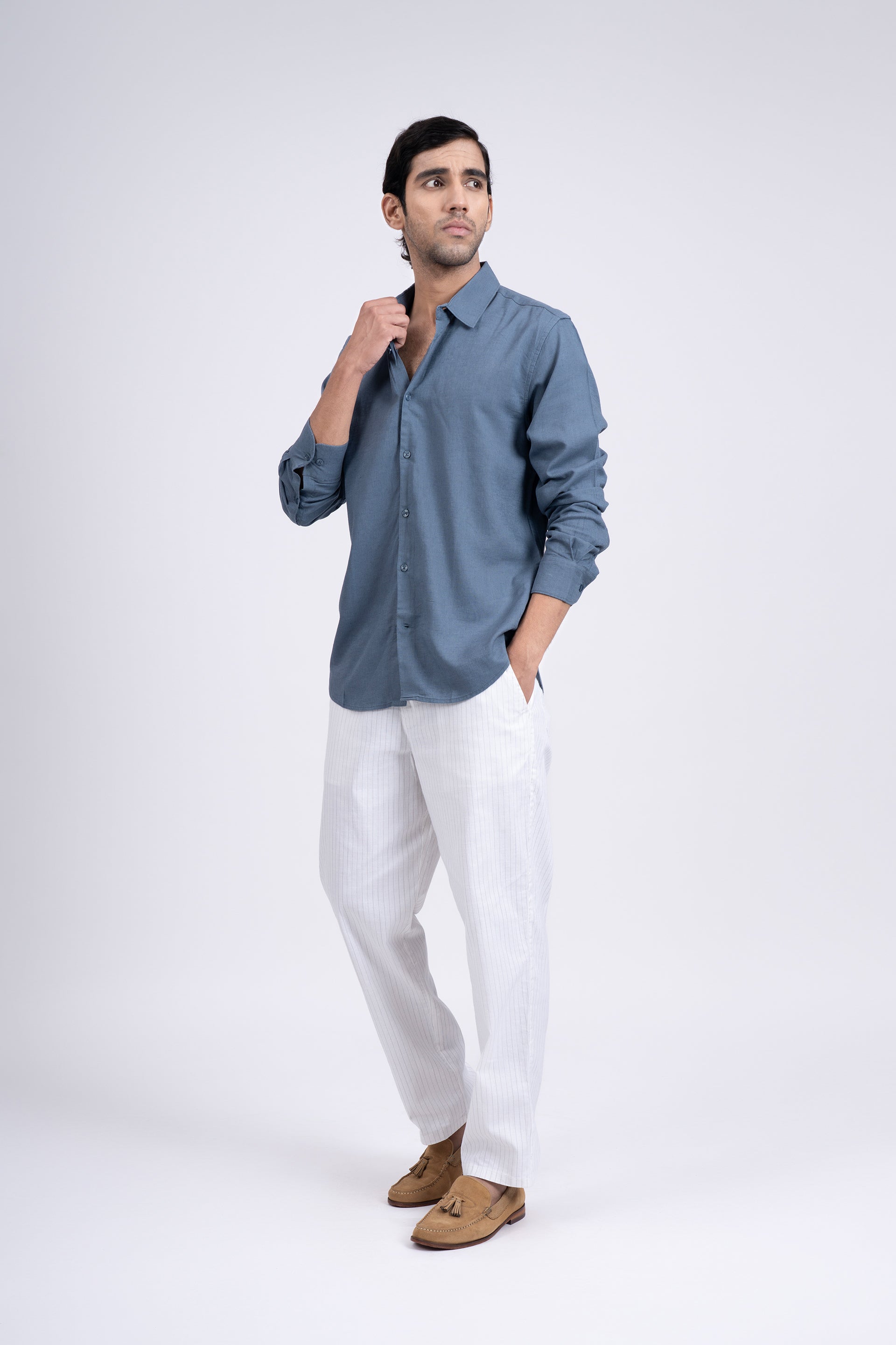 Premium Lyocell Linen Shirt In Ocean Blue