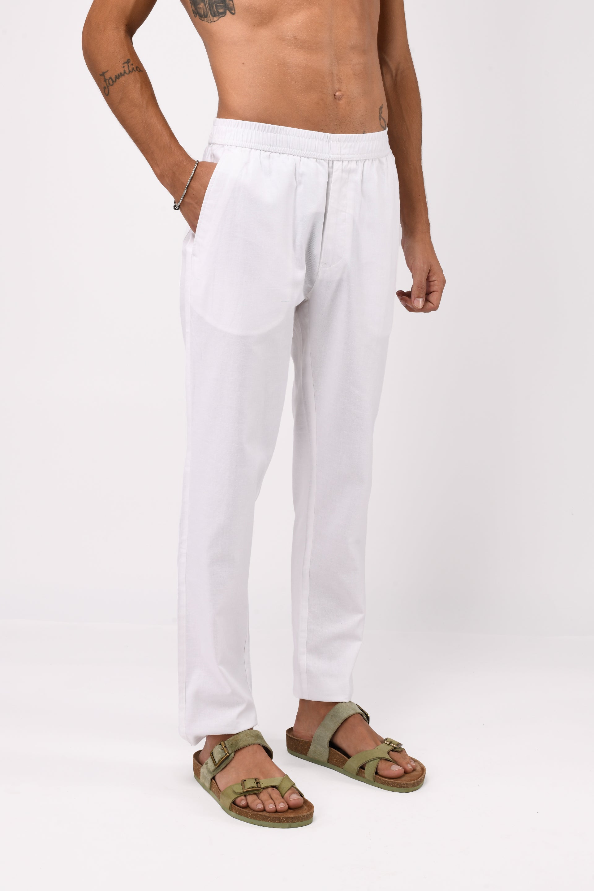 LINEN FUSED TAILORED PANTS IN WHITE