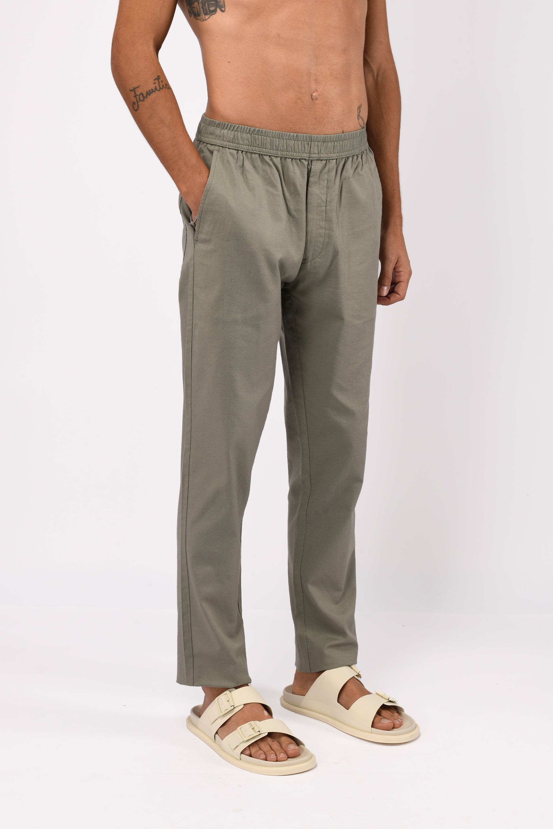 LINEN FUSED TAILORED PANTS IN GREEN