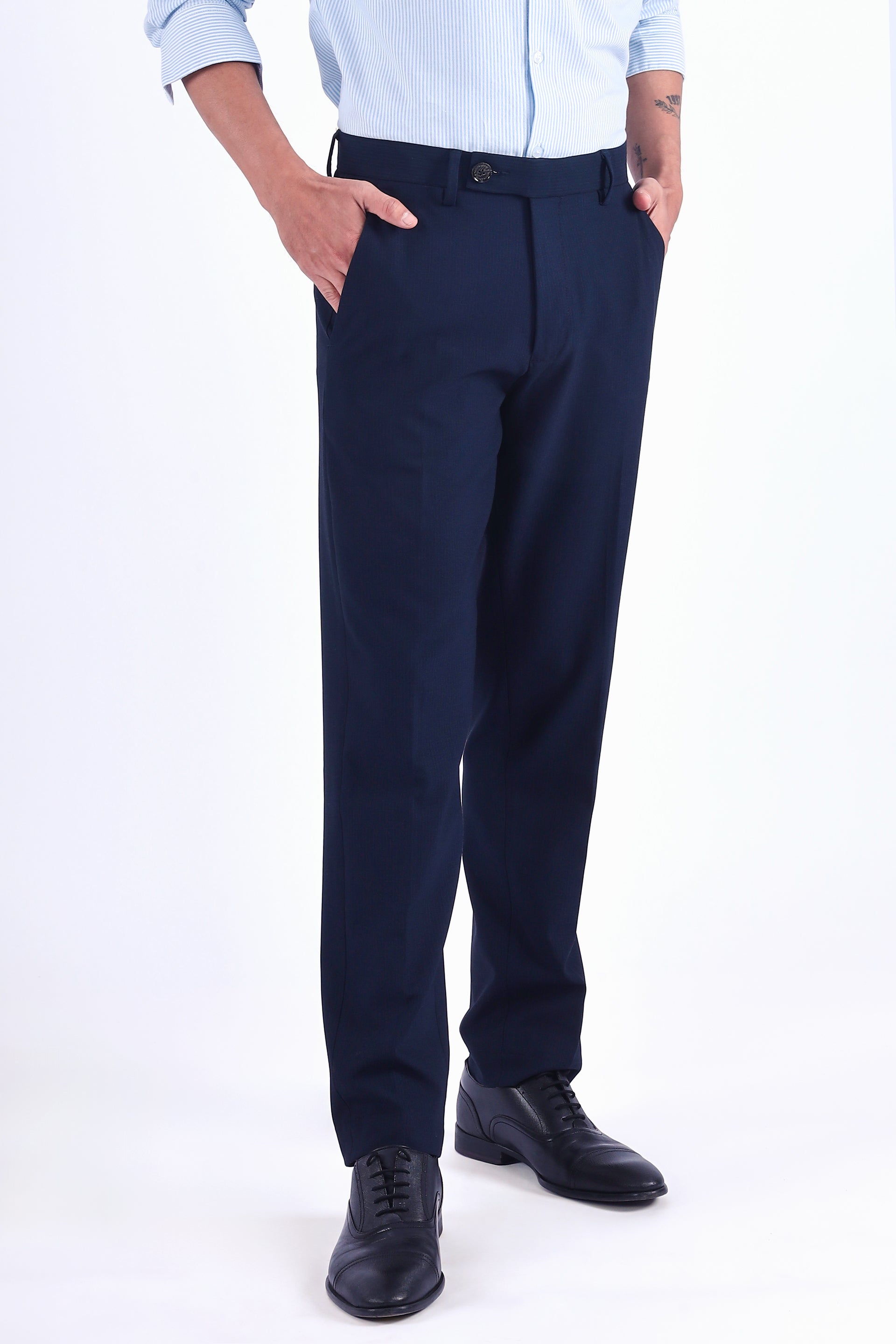 Stretchy Easy Striped Formal Pants For Men In Blue (Product Front Image)