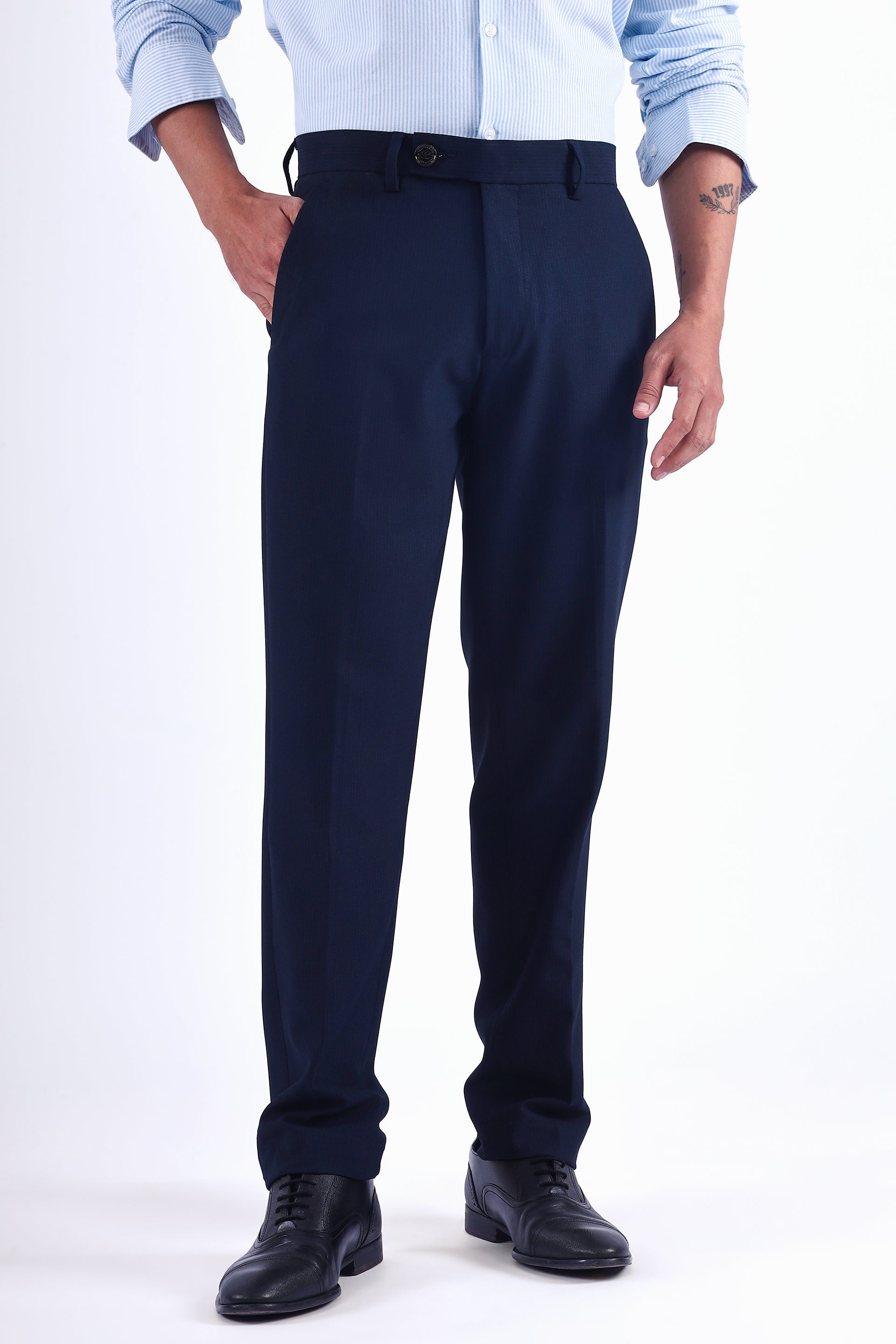 Stretch Easy Striped Formal Pants For Men In Blue (Product Image)