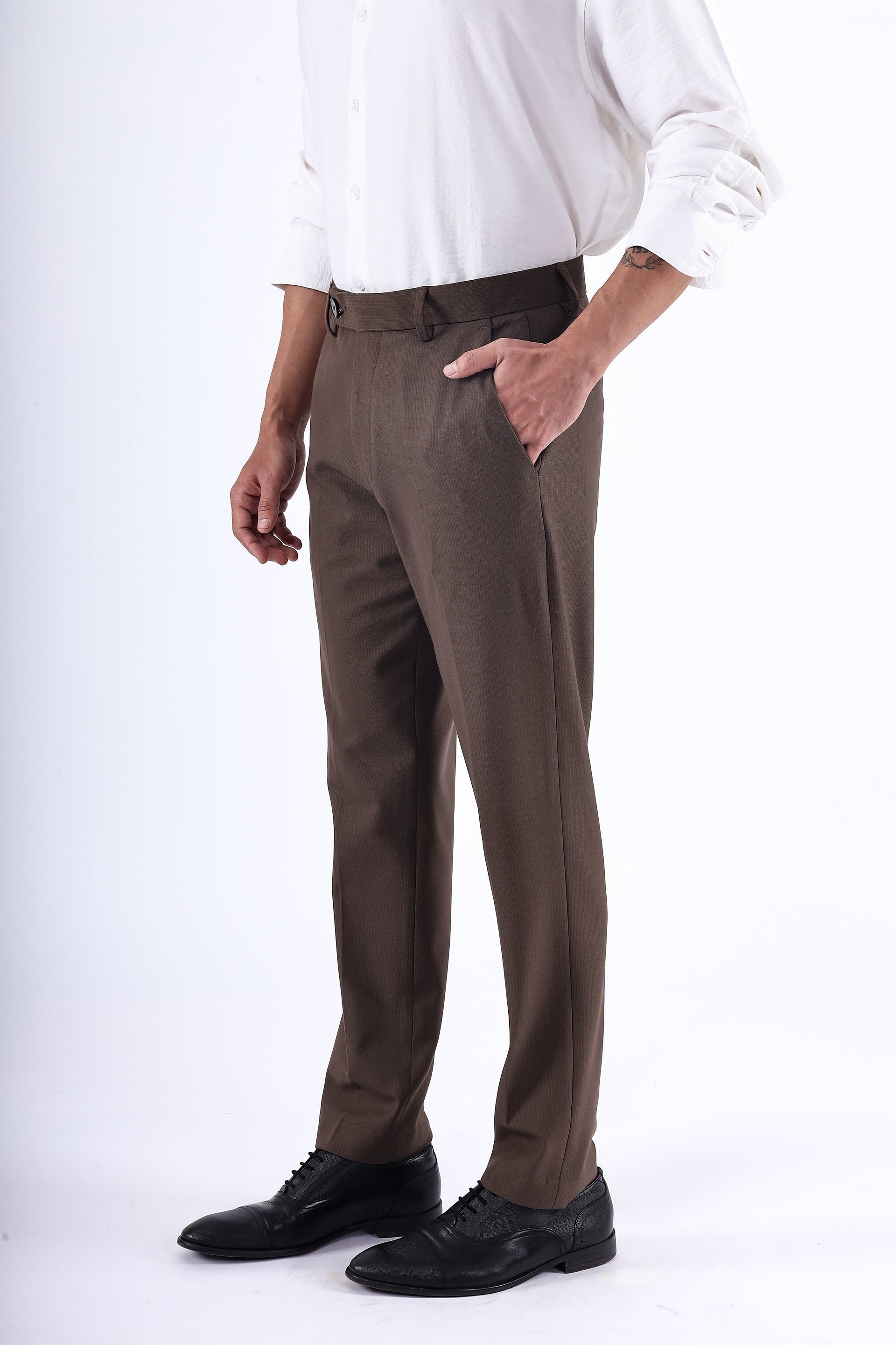 Easy Iron Striped Formal Pants In Brown