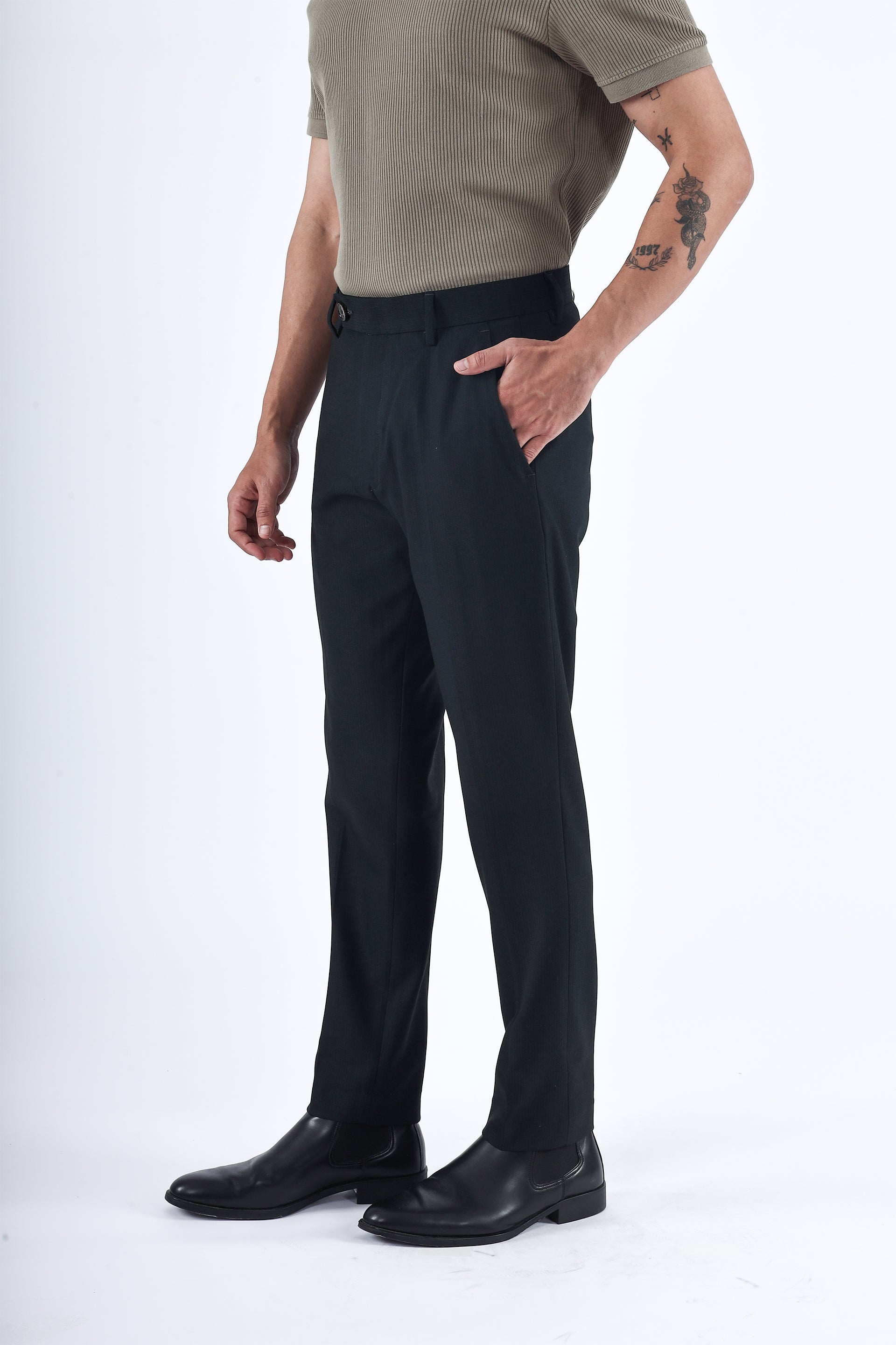Easy Iron Striped Formal Pants In Olive