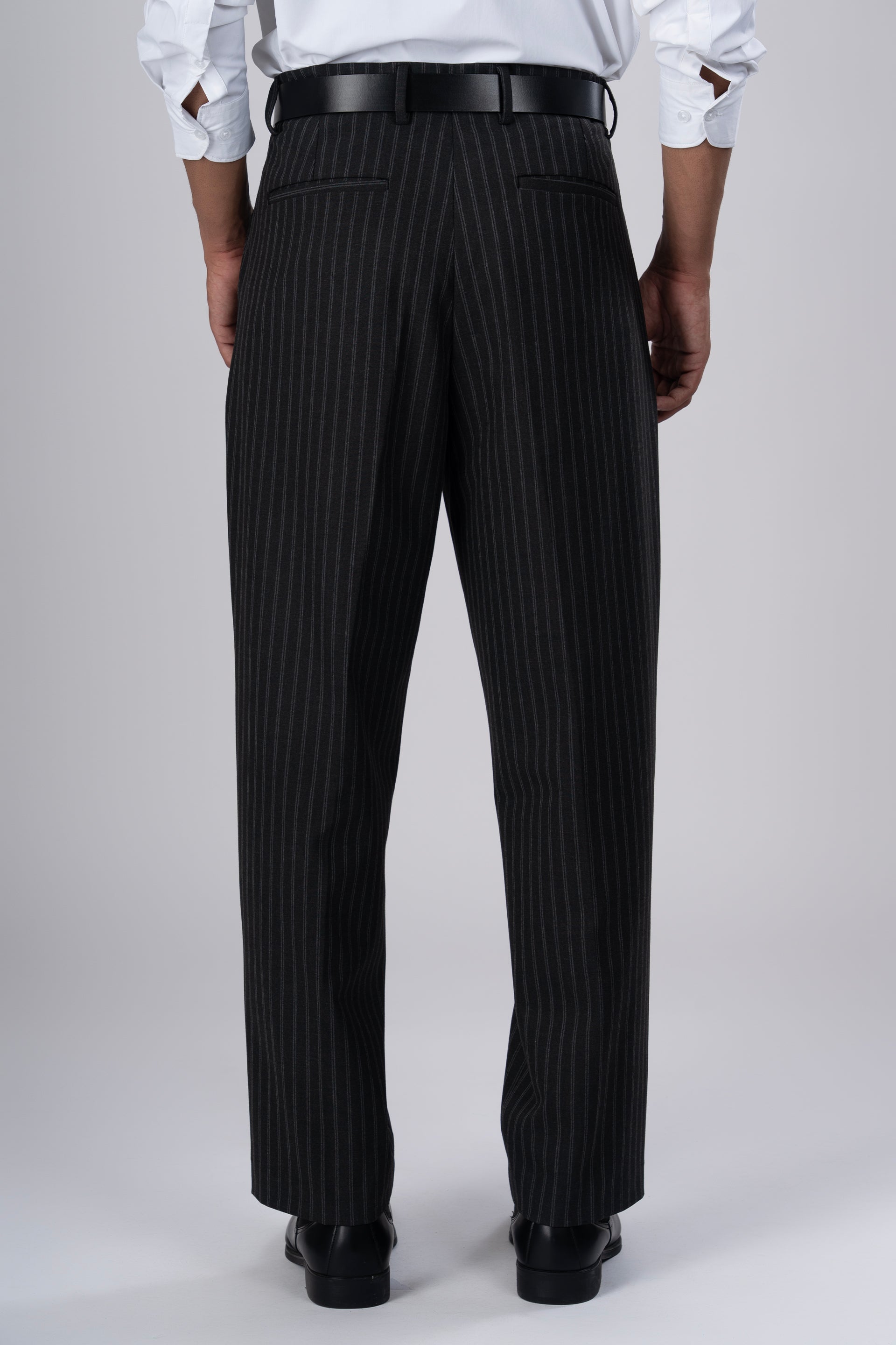 Easy Iron Striped Relaxed Trousers In Dark Grey
