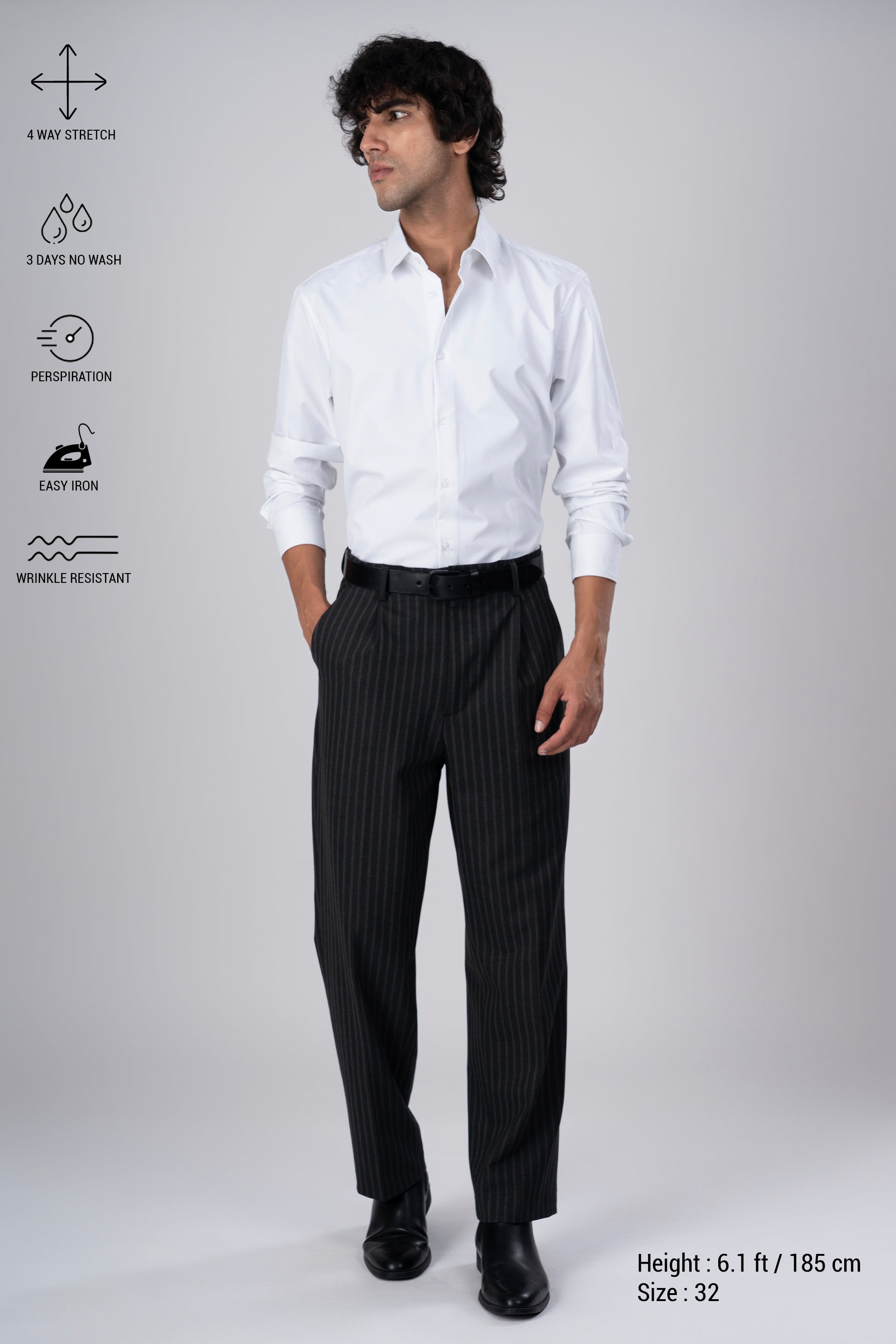 Easy Iron Striped Relaxed Trousers In Dark Grey