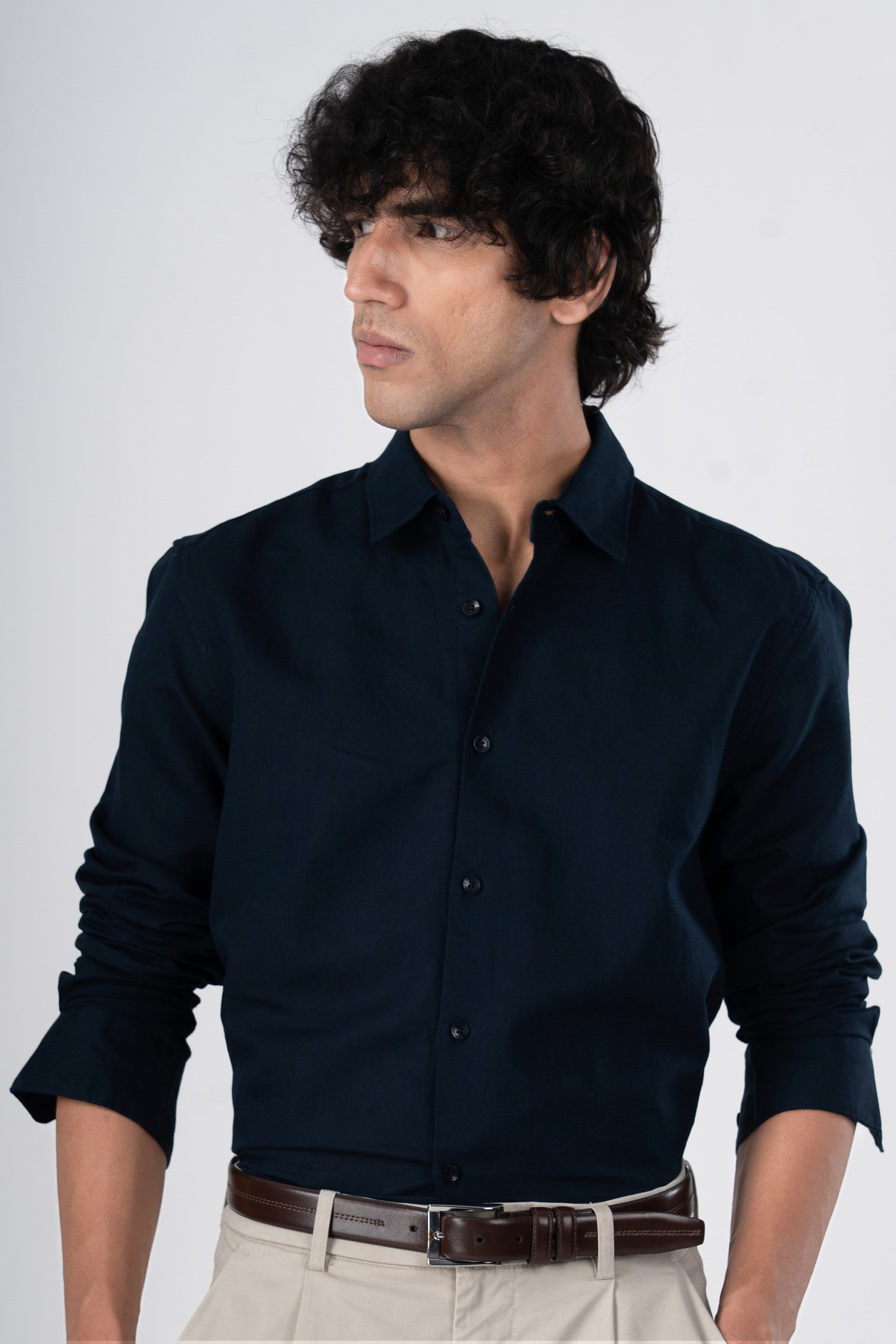 Tailoraedge Men’s Classic Fused Linen Shirt in Navy Blue – crisp linen feel, tailored fit, timeless wardrobe piece.