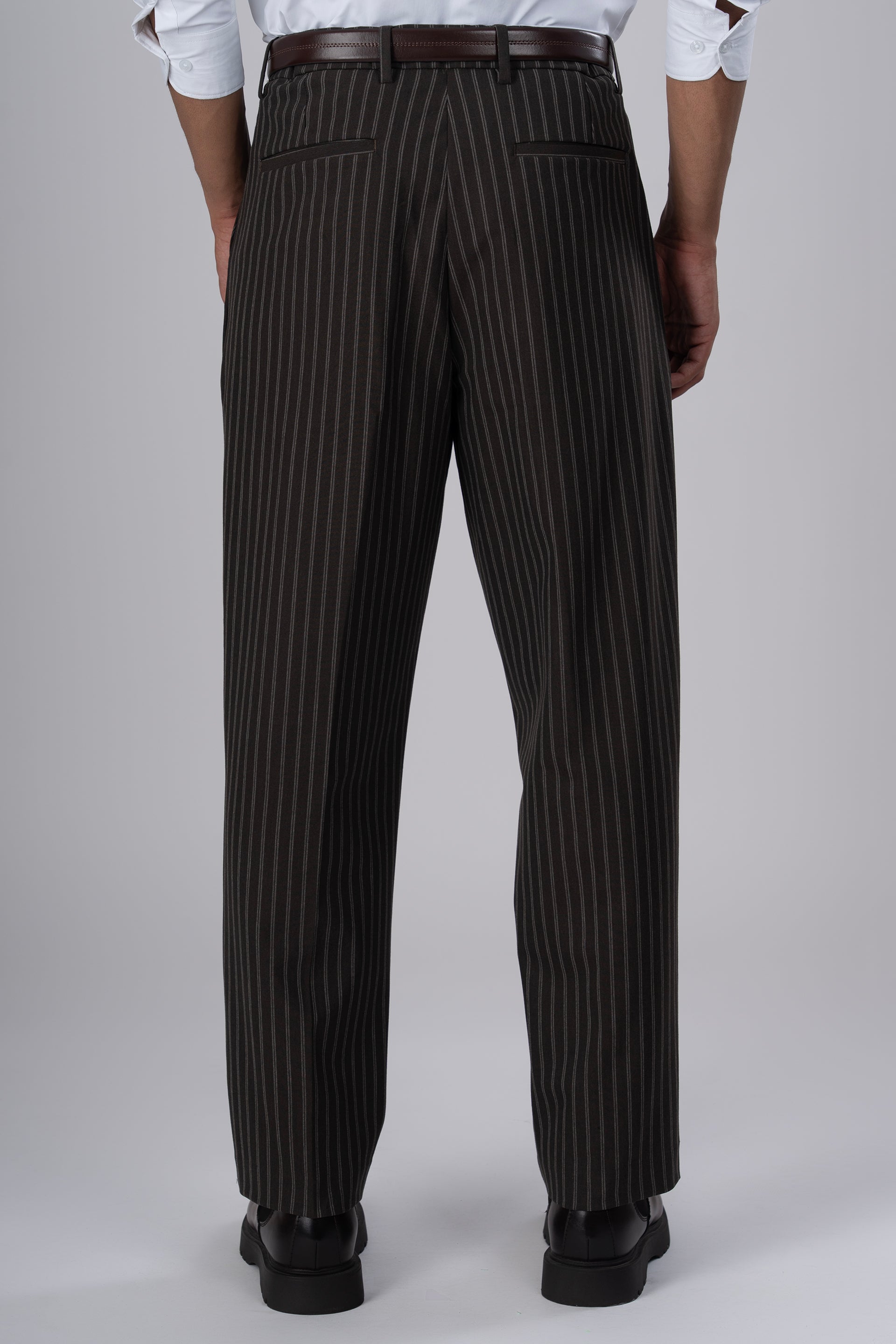Easy Iron Striped Relaxed Trousers In Brown