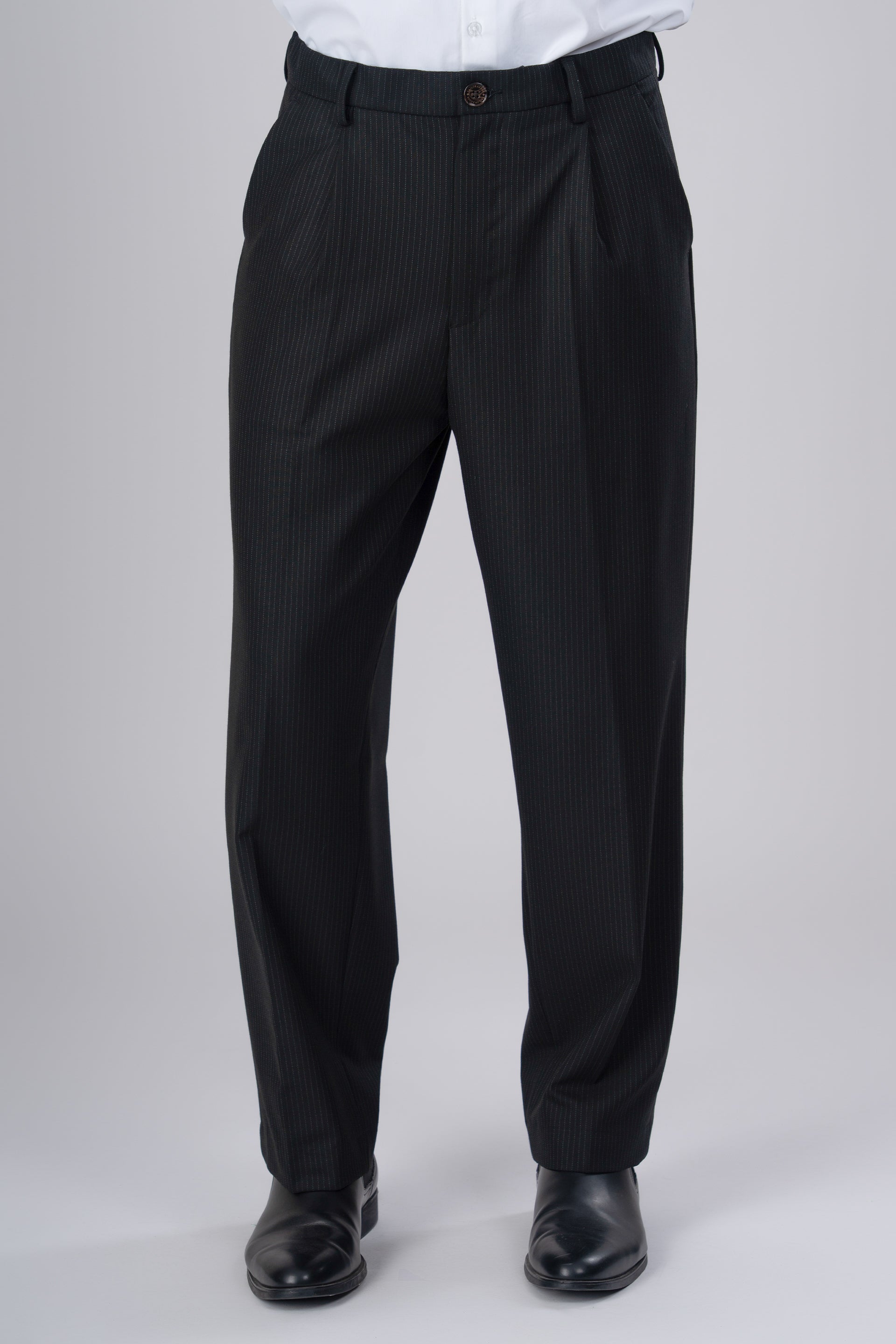 Men’s Easy Iron Pinstriped Relaxed Trousers in Black – wrinkle-resistant, easy to maintain, premium everyday wear | Tailoraedge