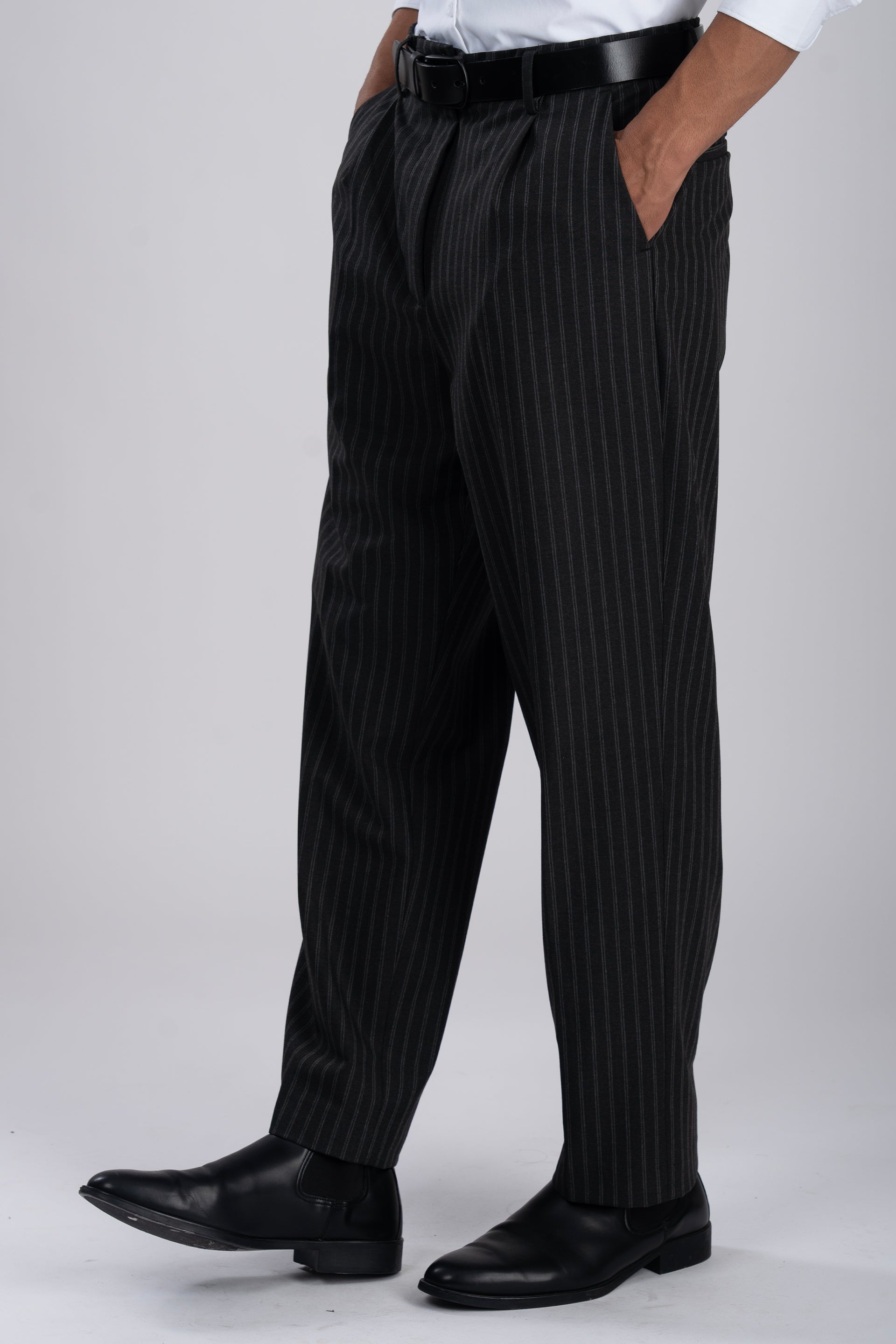 Easy Iron Striped Relaxed Trousers In Dark Grey