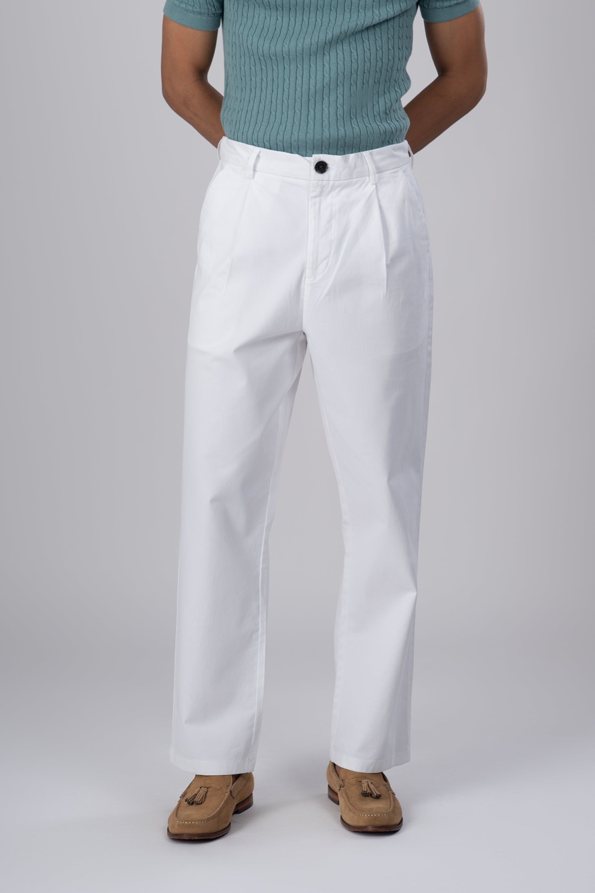 Men’s Premium Signature Relaxed Chinos in White – crisp white cotton, relaxed pleat-front fit, crisp summer-ready essential | Tailoraedge