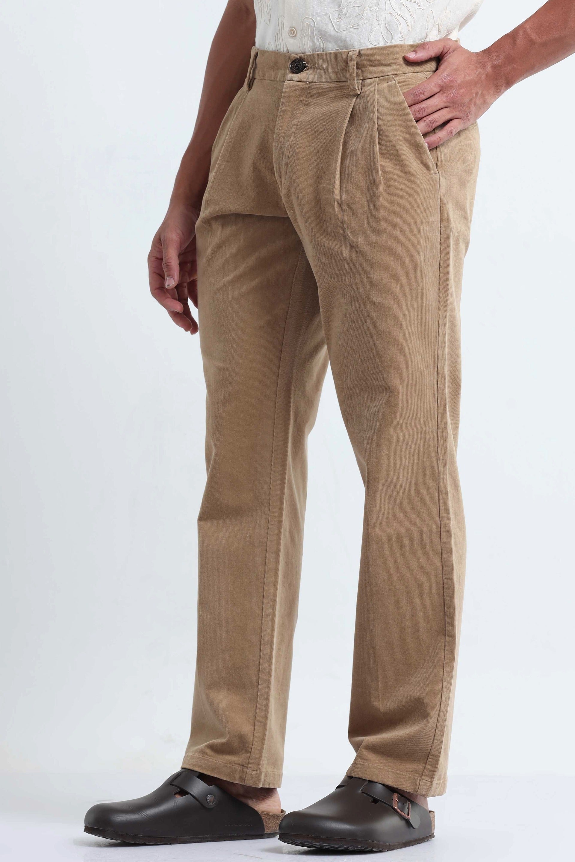 Relaxed Pleated Corduroy Pants In Beige