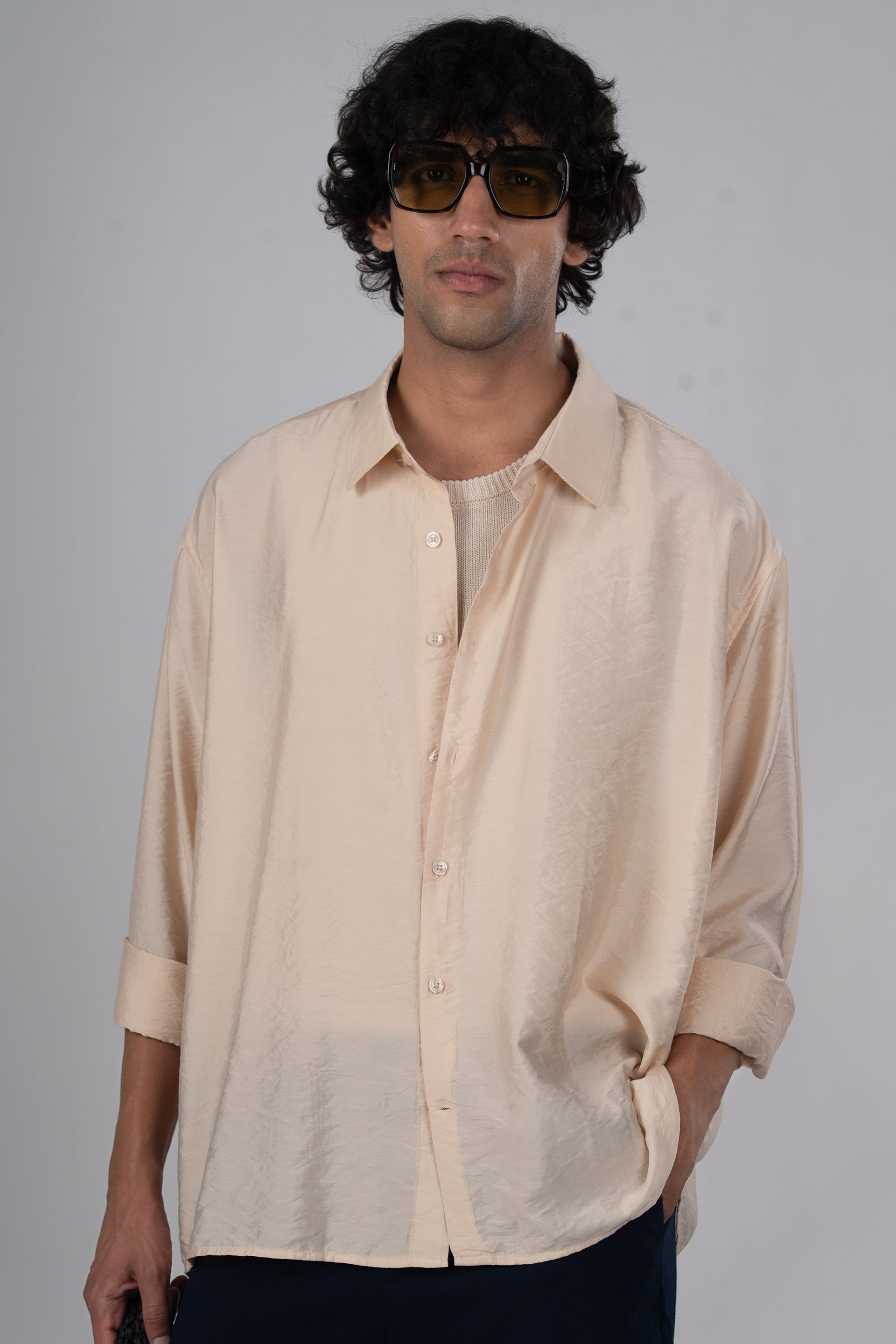 Men's soft nylon relaxed shirt in beige – soft touch, effortless drape, breathable everyday essential | Tailoraedge