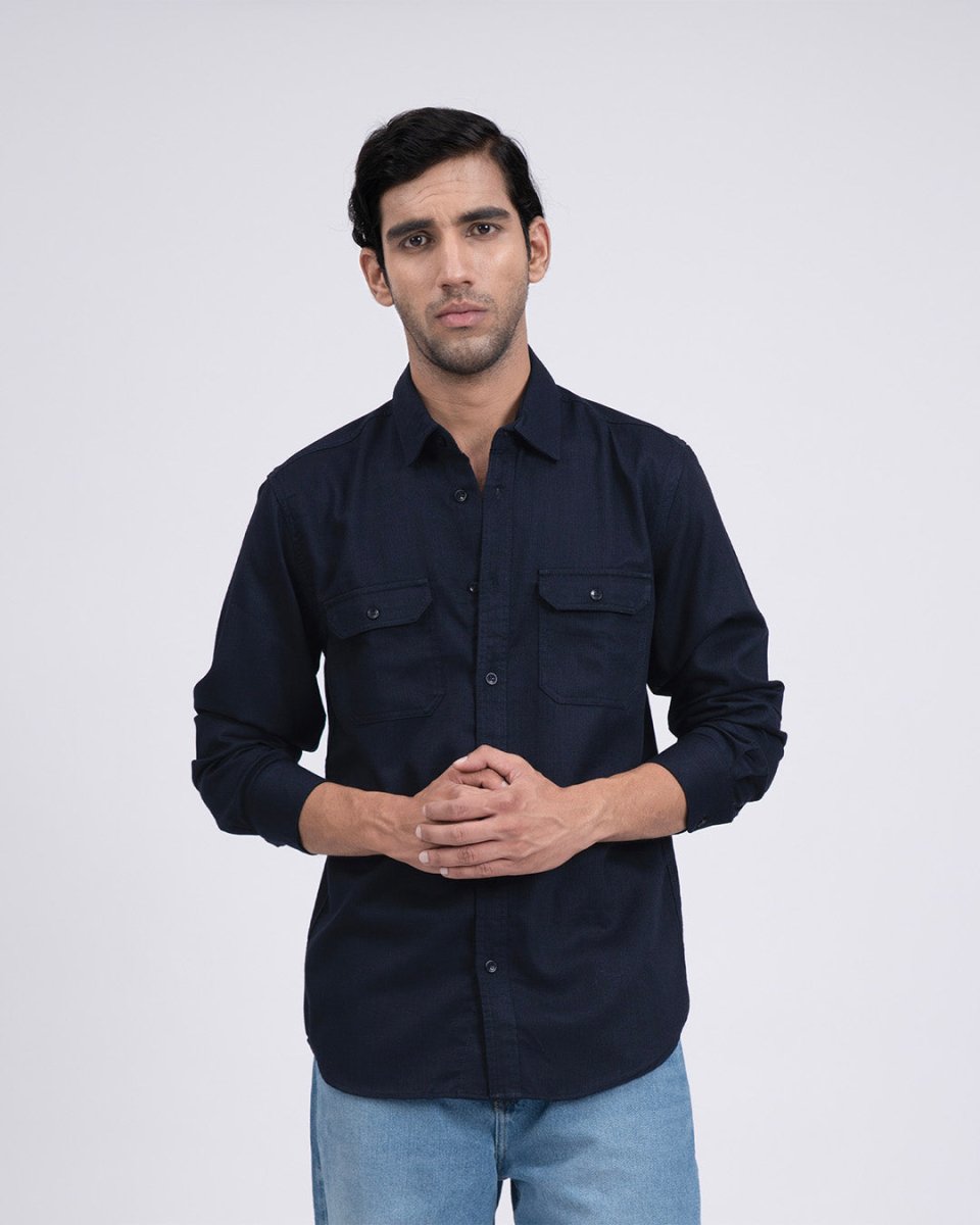 Easy Iron shirt in navy, folded flat in a bag