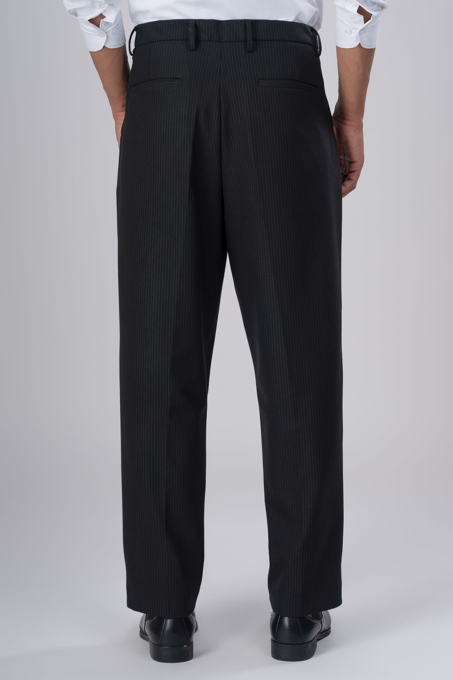 Easy Iron Pinstriped Relaxed Trousers In Black