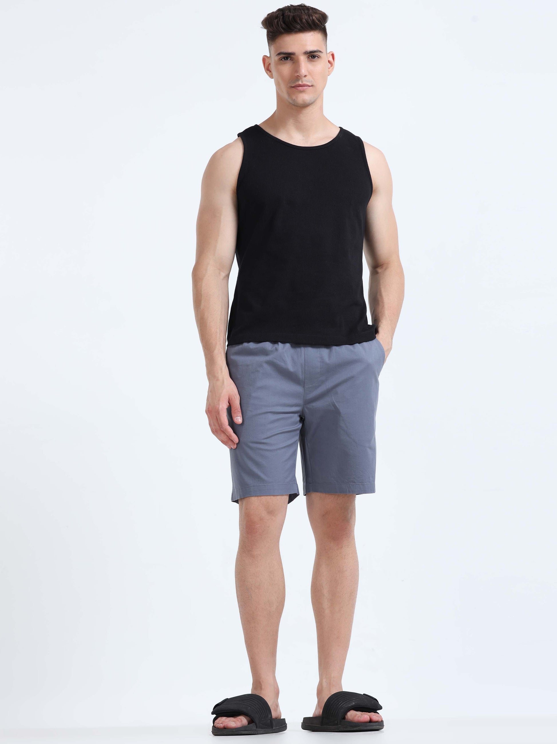 Soft Cotton Basic Shorts In Stone Blue