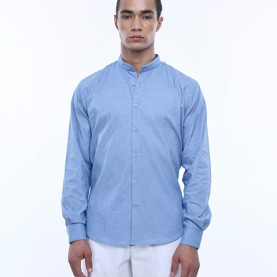 Easy Iron Textured Mandarin Shirt In Blue