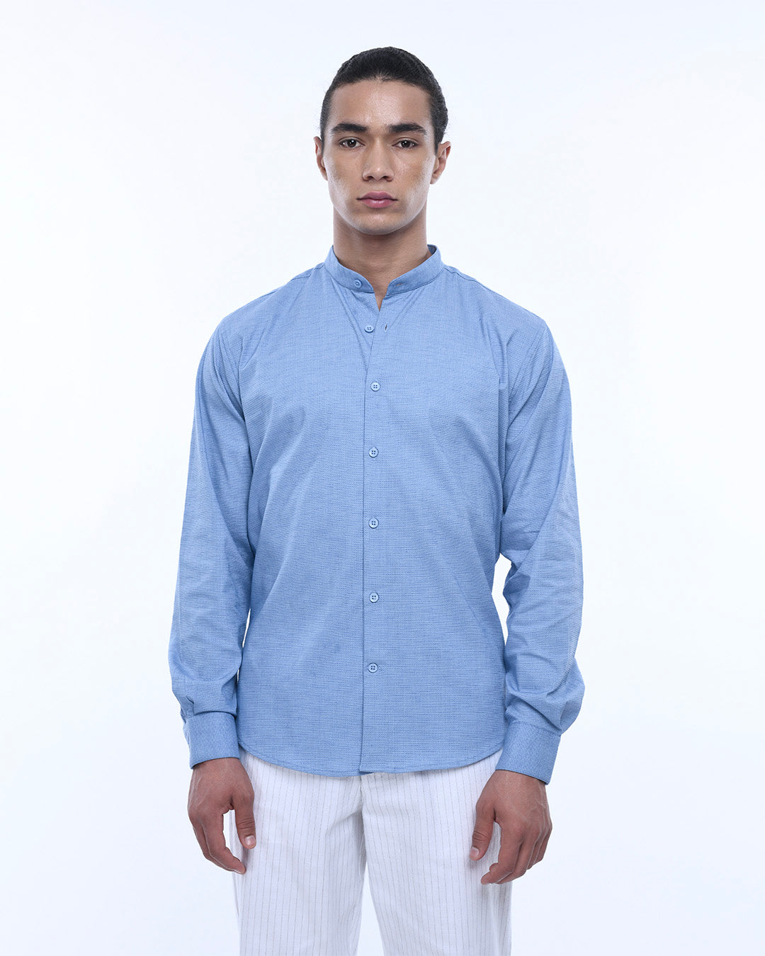 Easy Iron Textured Mandarin Shirt In Blue