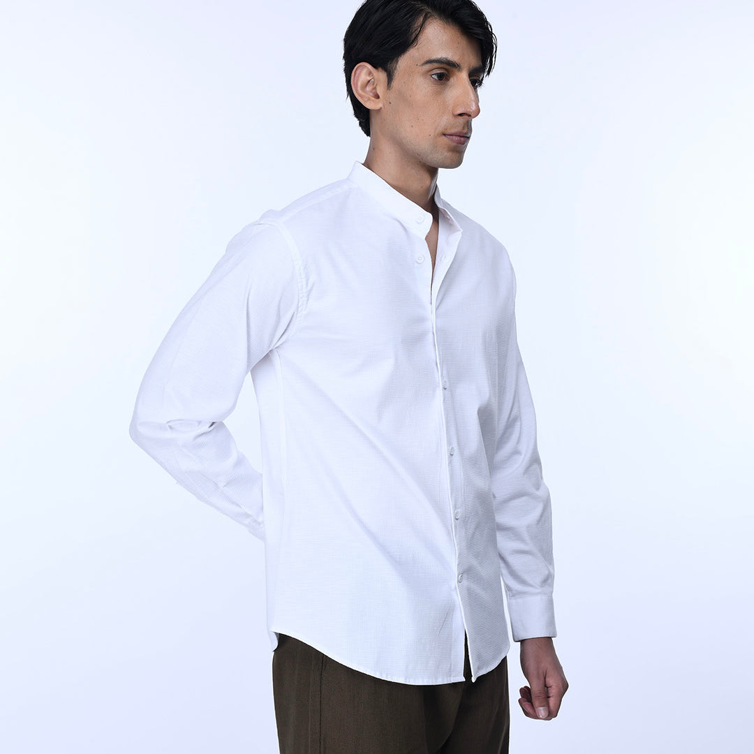 Easy Iron Textured Mandarin Shirt In White