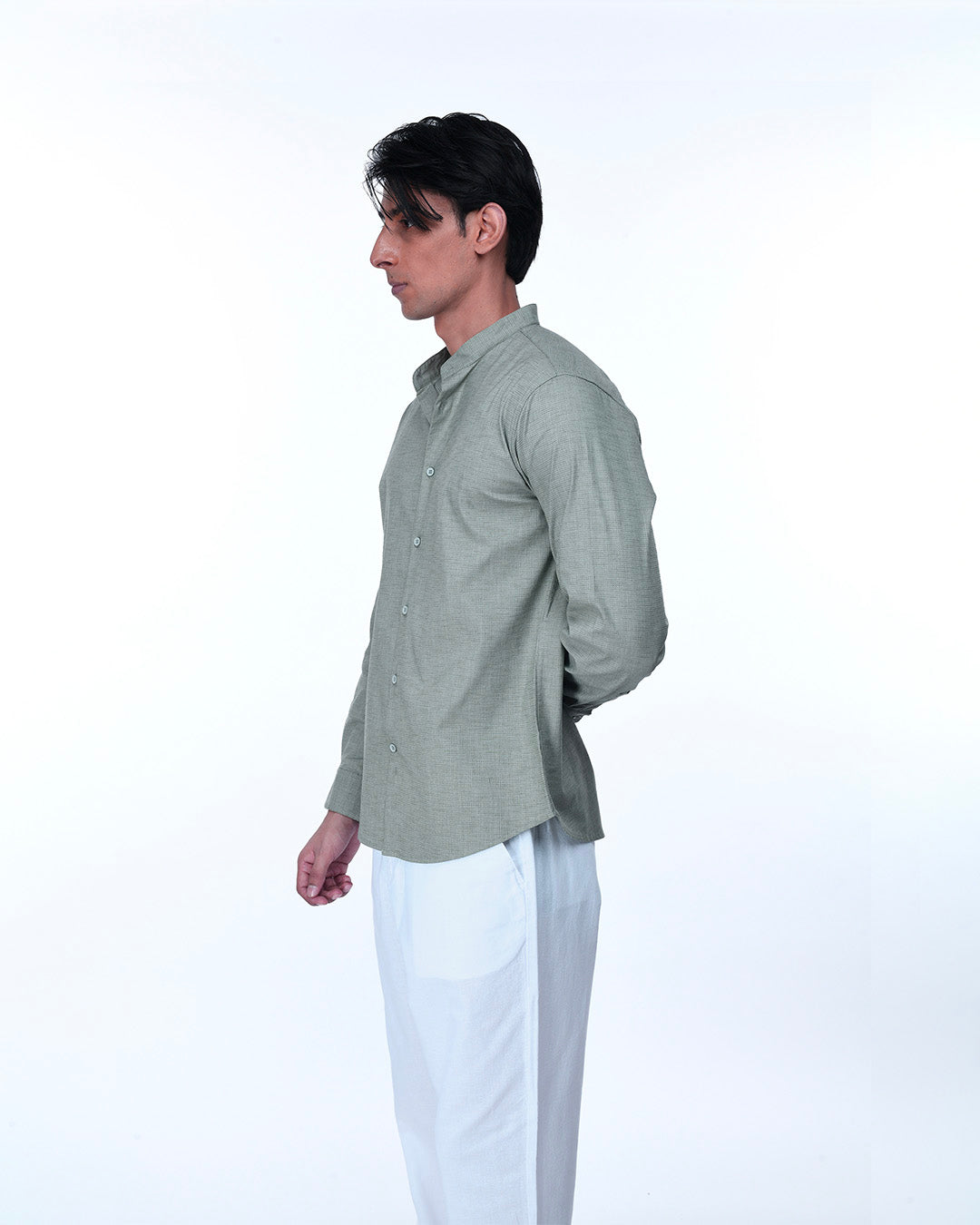 Easy Iron Textured Mandarin Shirt In Green