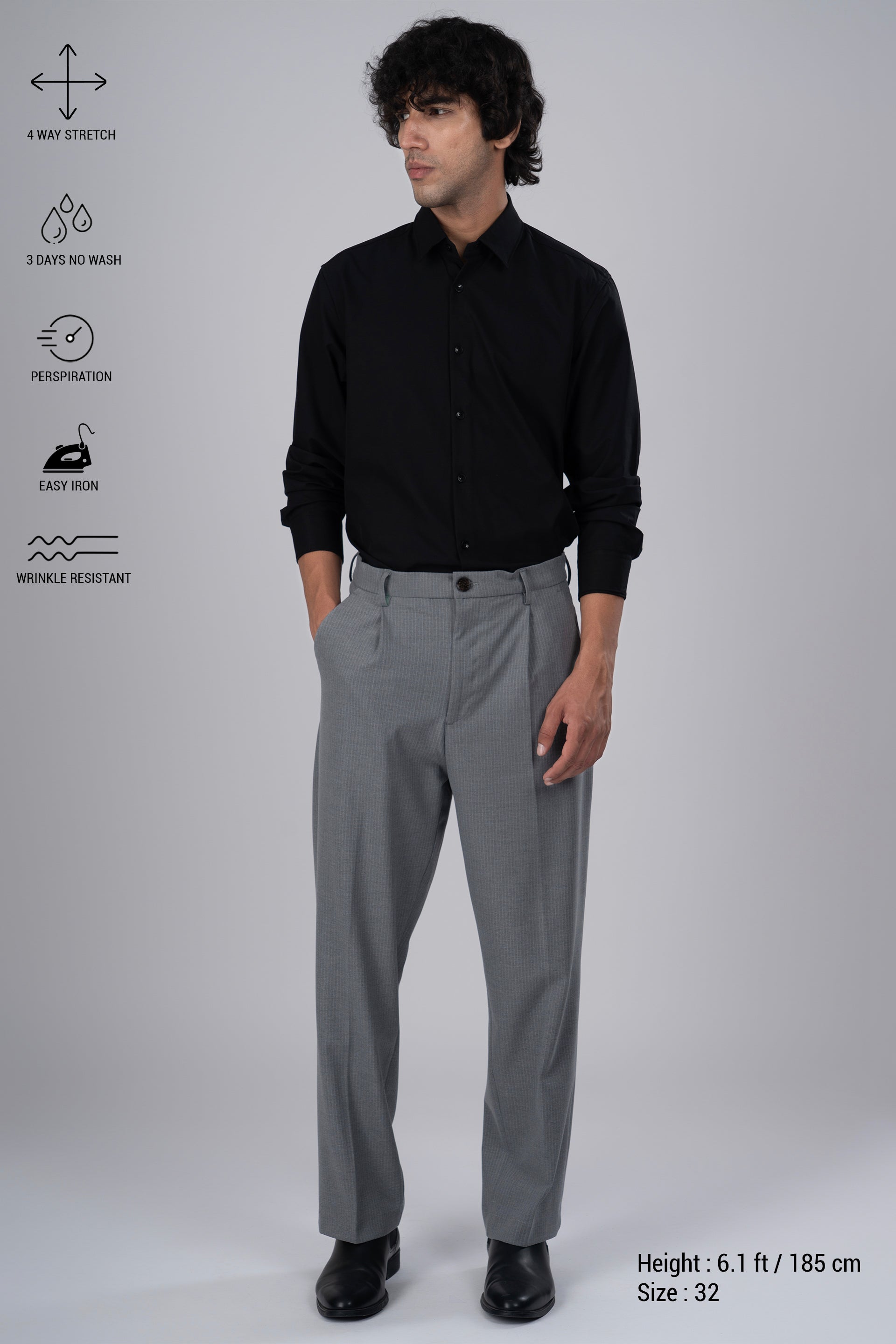 Easy Iron Pinstriped Relaxed Trousers In Grey