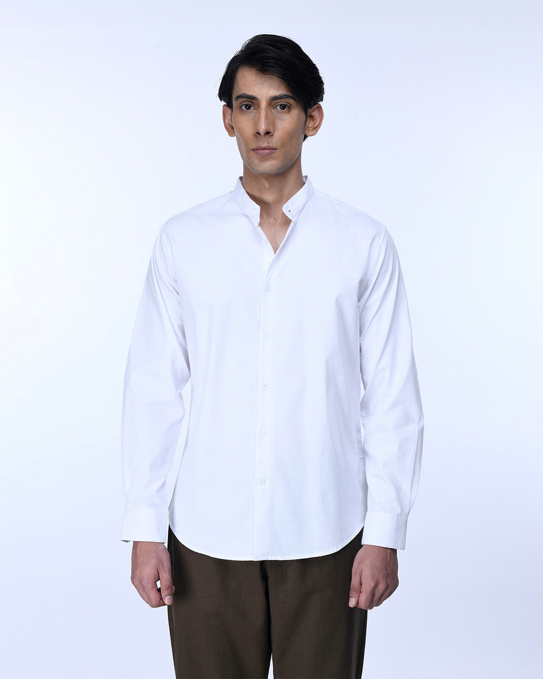 Easy Iron Textured Mandarin Shirt In White