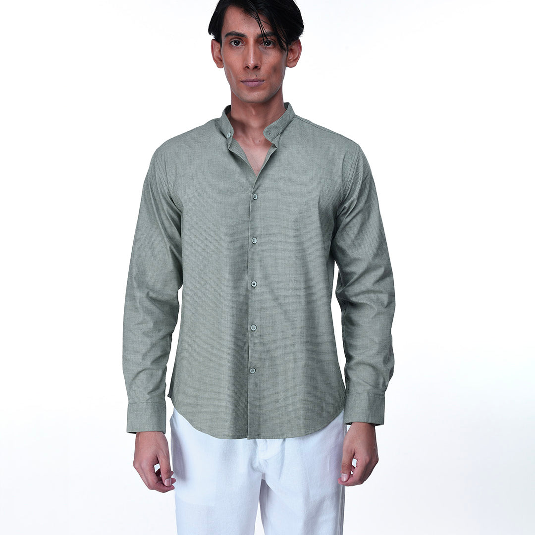 Easy Iron Textured Mandarin Shirt In Green