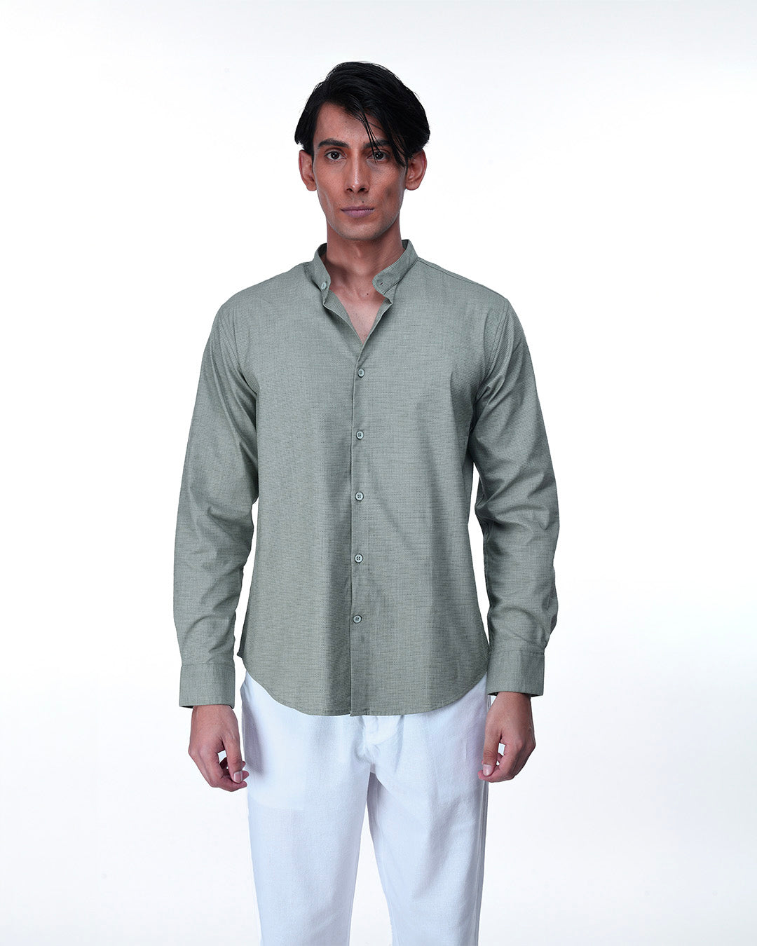 Easy Iron Textured Mandarin Shirt In Green